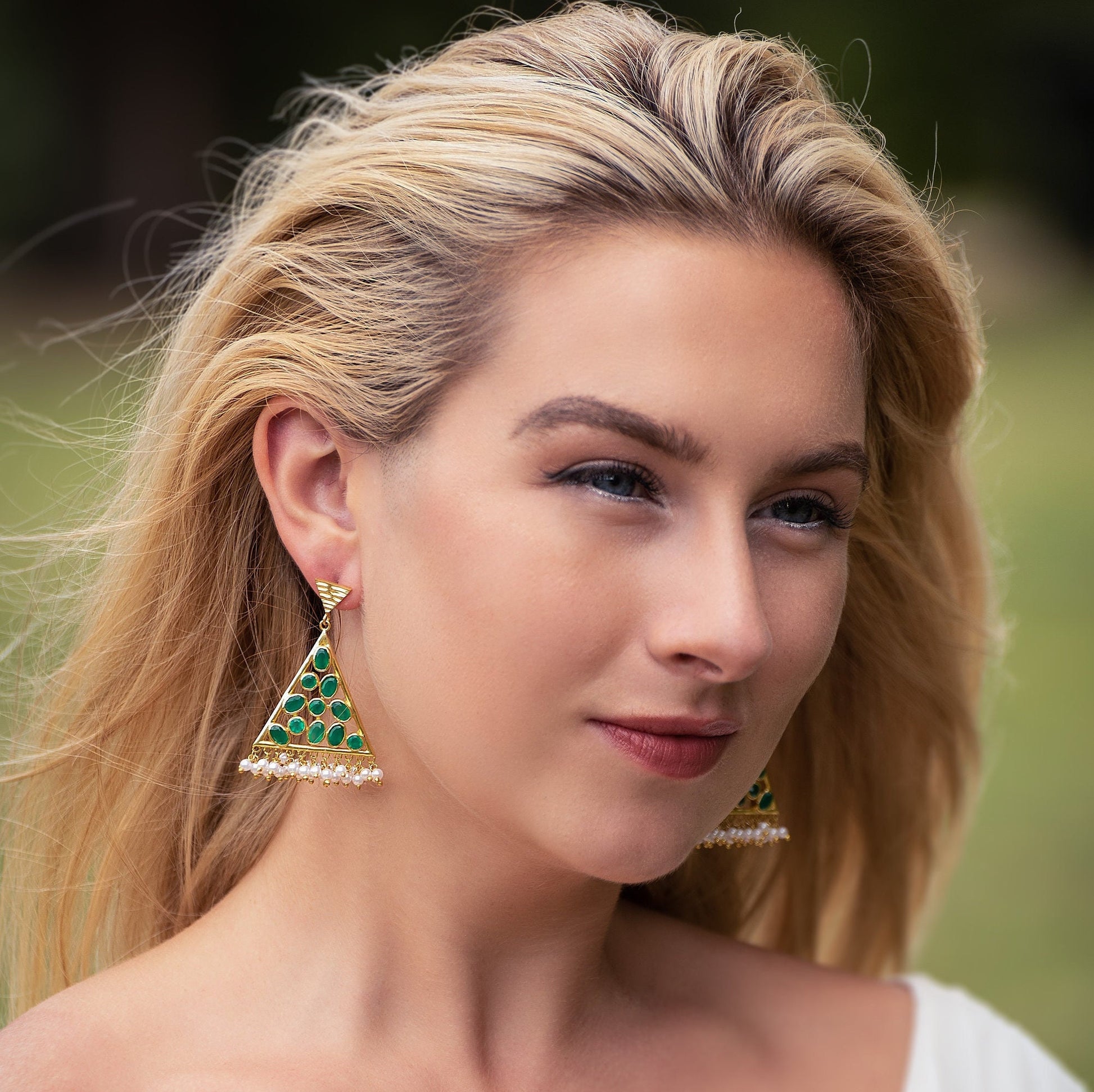 Green Onyx Pearl Gold Earrings, Unique Dangle Jhumka Earrings, June Birthstone, Statement Gemstone Drop Earrings, Gifts For Her
