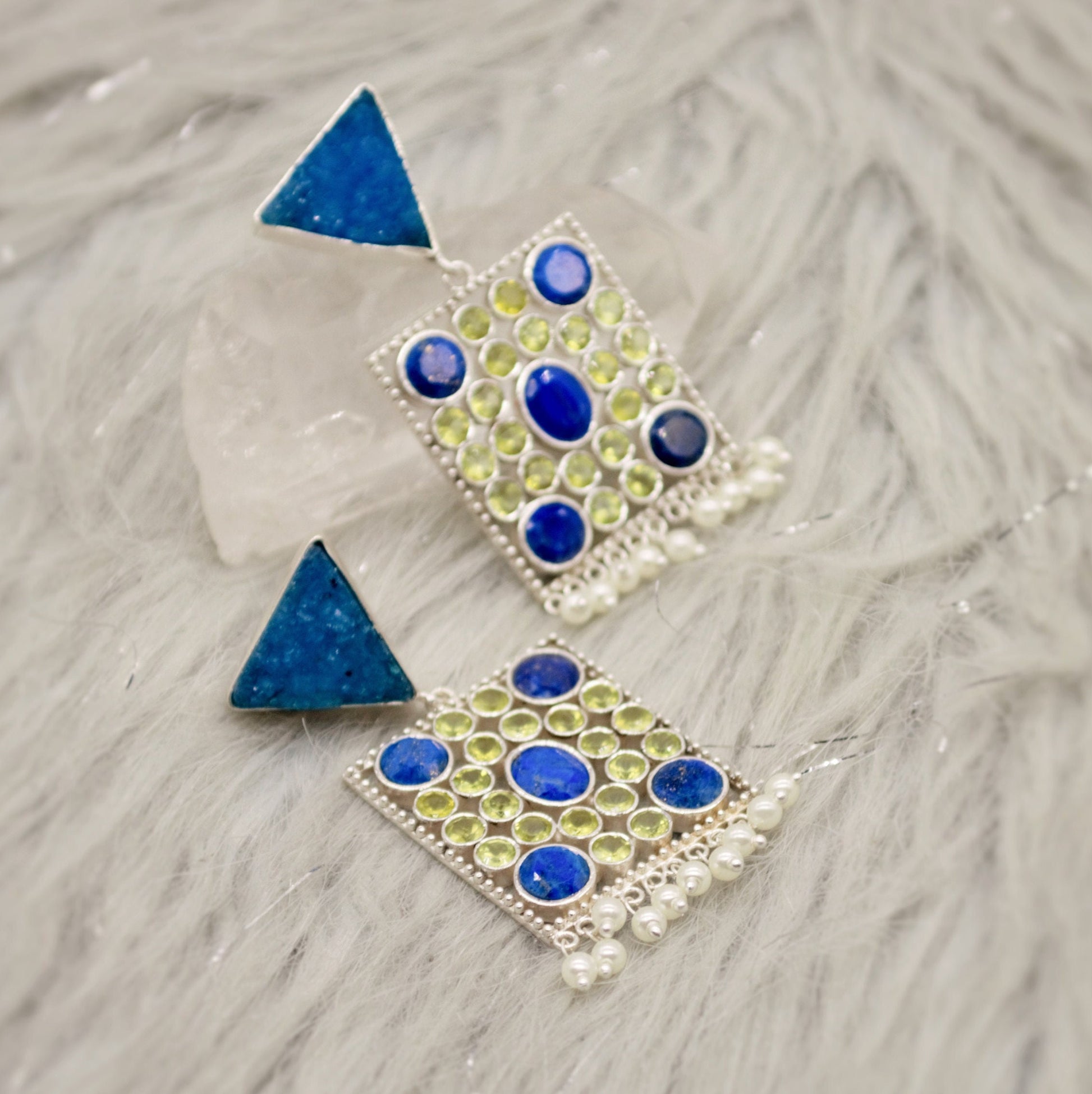 Blue Agate, Lapis, Peridot Silver Earrings, Lapis Lazuli Earrings, August, December Birthstone, Unique Statement Earrings, Gift For Her