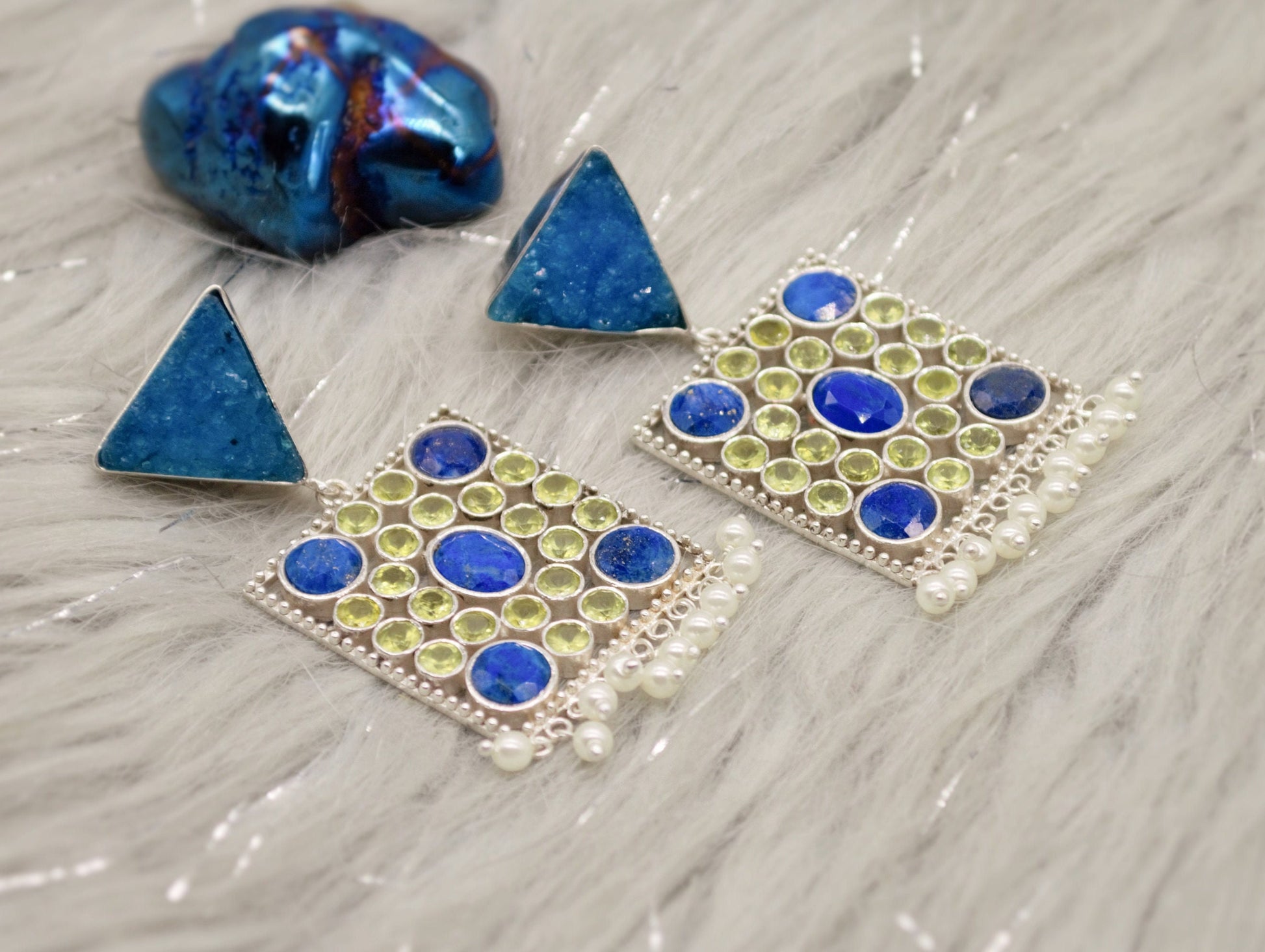 Blue Agate, Lapis, Peridot Silver Earrings, Lapis Lazuli Earrings, August, December Birthstone, Unique Statement Earrings, Gift For Her