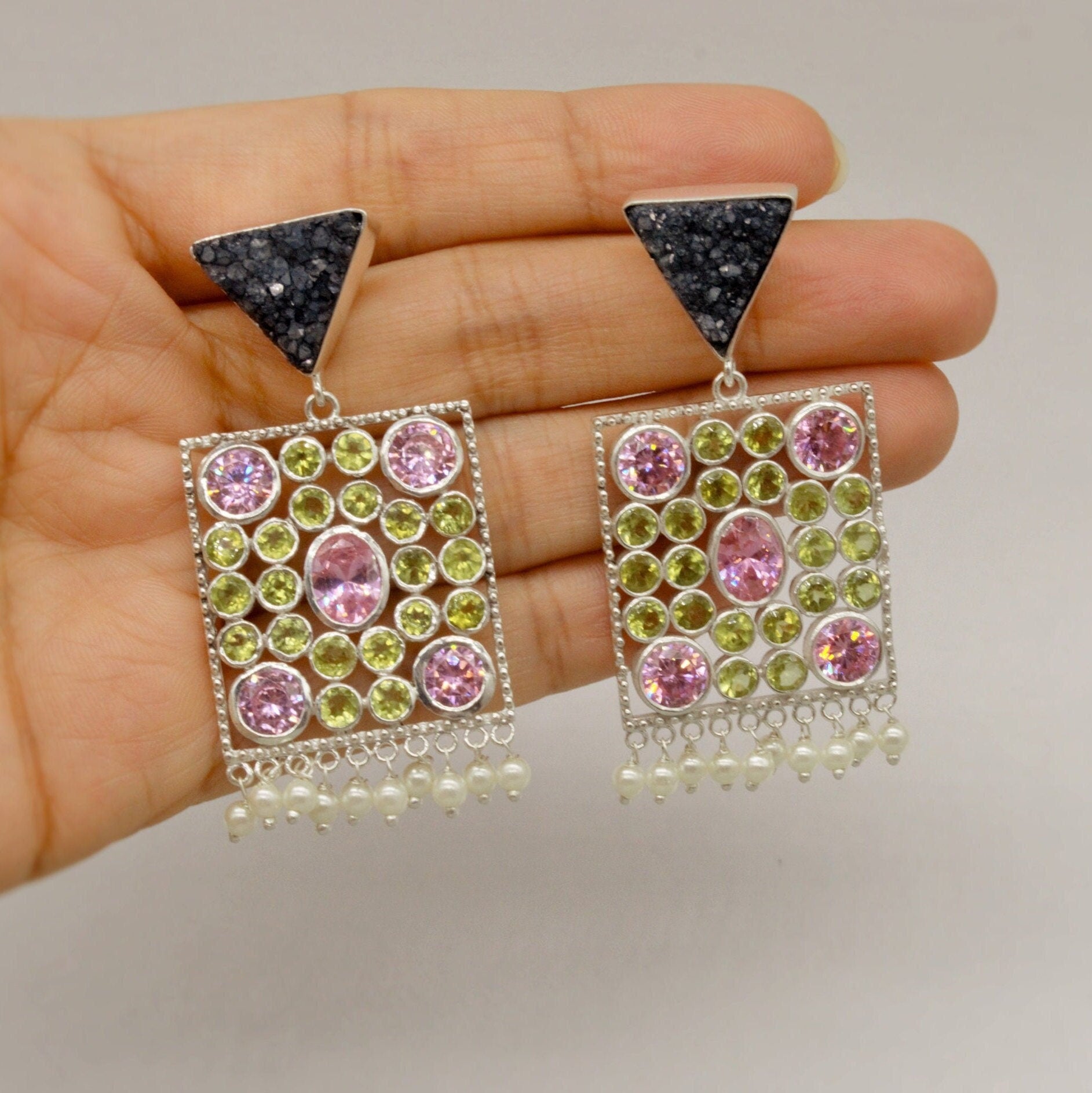 Black Agate, Pink CZ, Peridot Earrings, August Birthstone Jewelry, Druzy Agate, Cubic Zirconia, Sterling Silver Dangle, Perdiot Jewelry