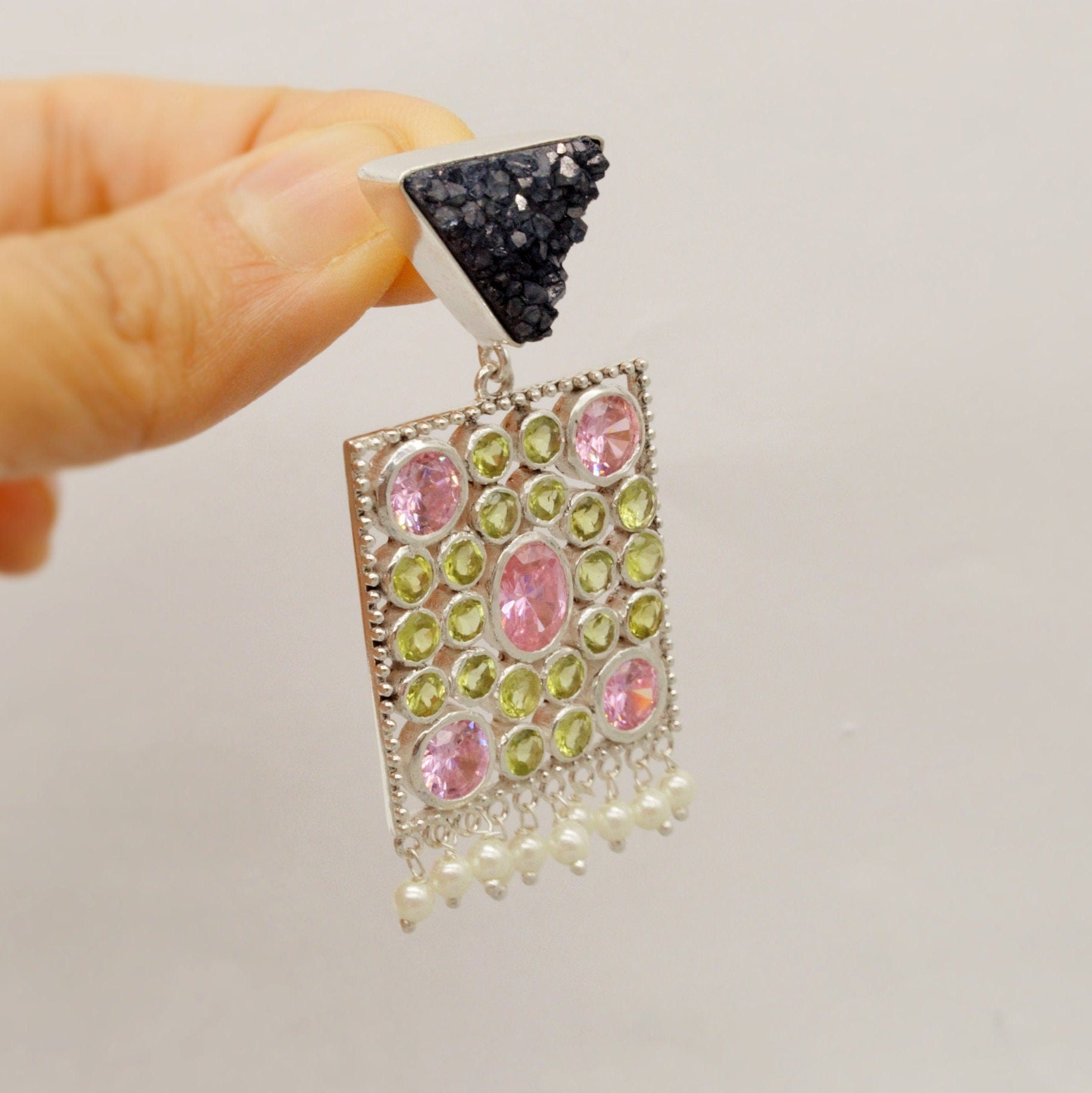 Black Agate, Pink CZ, Peridot Earrings, August Birthstone Jewelry, Druzy Agate, Cubic Zirconia, Sterling Silver Dangle, Perdiot Jewelry