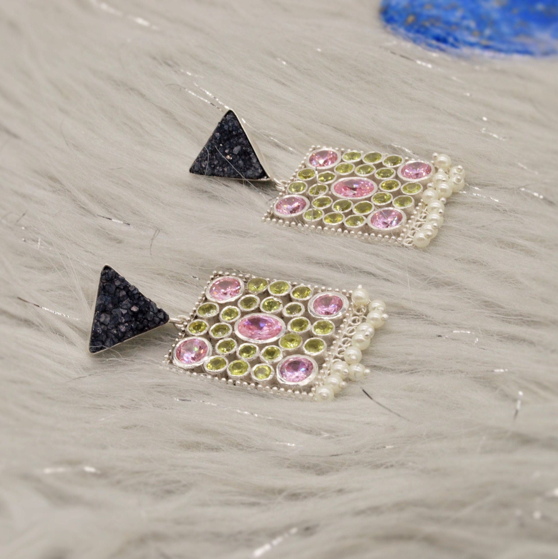 Black Agate, Pink CZ, Peridot Earrings, August Birthstone Jewelry, Druzy Agate, Cubic Zirconia, Sterling Silver Dangle, Perdiot Jewelry
