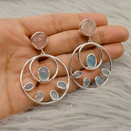 Rose Quartz Aqua Blue Chalcedony Earrings, Sterling Silver Earrings, Hoop Earrings, Unique Dangle Earrings, Gifts For Her