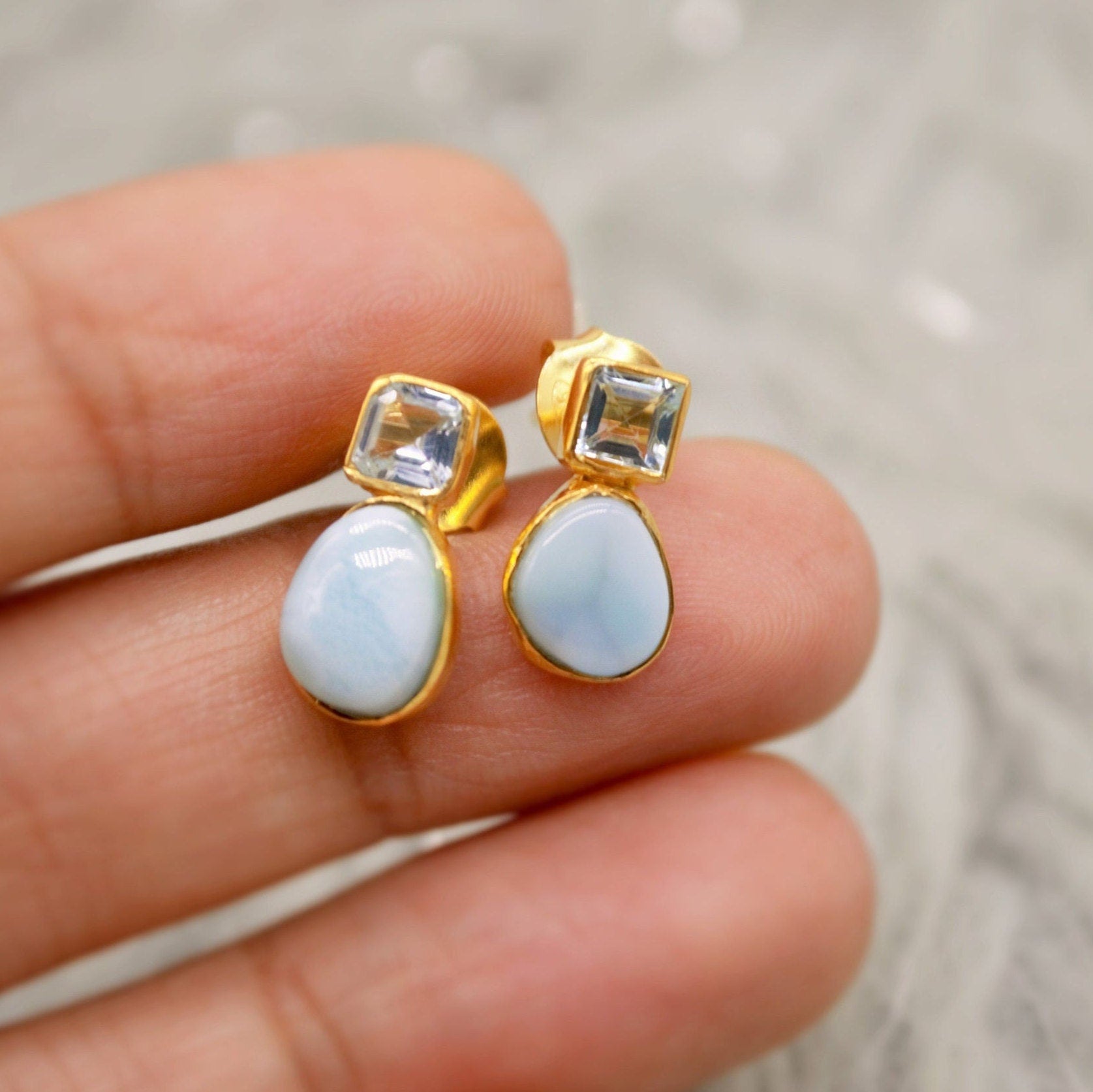 Larimar Blue Topaz Gold Stud Earrings, Larimar Stone, Larimar Gemstone, Blue Topaz Studs, Larimar Earrings, December Birthstone