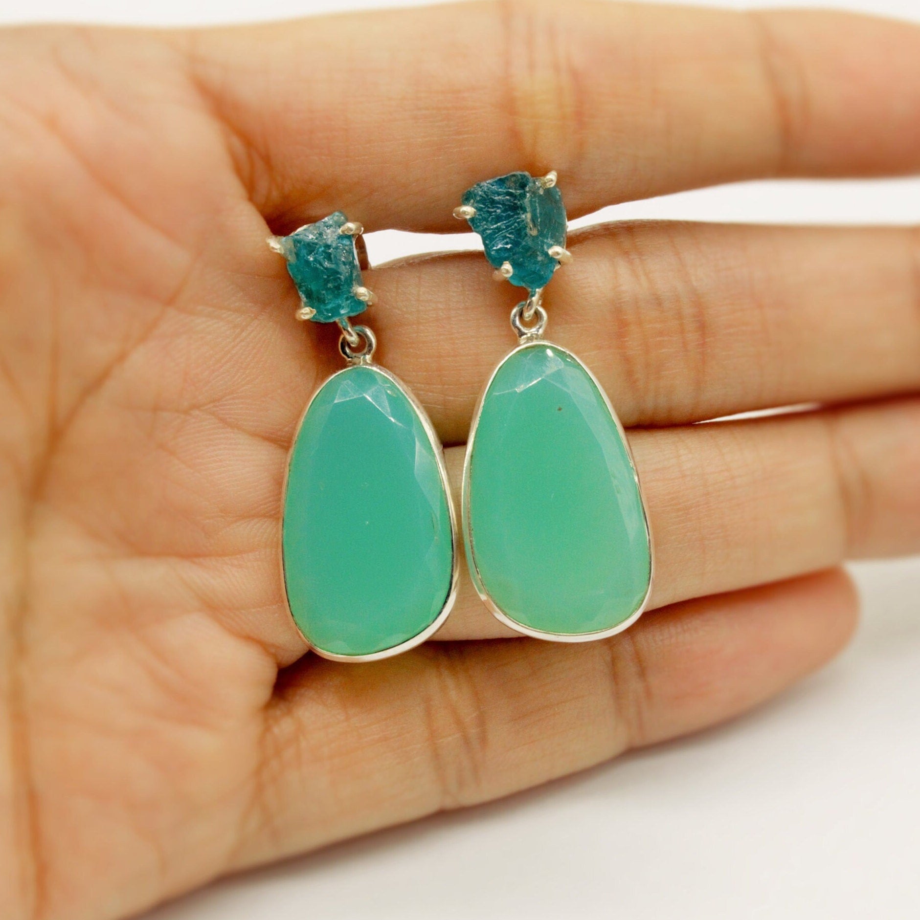 Chalcedony, Blue Apatite Earrings, Sterling Silver, Chalcedony Jewelry, Green Earrings, Gifts For Her, Gemstone Dangle Drop Earrings