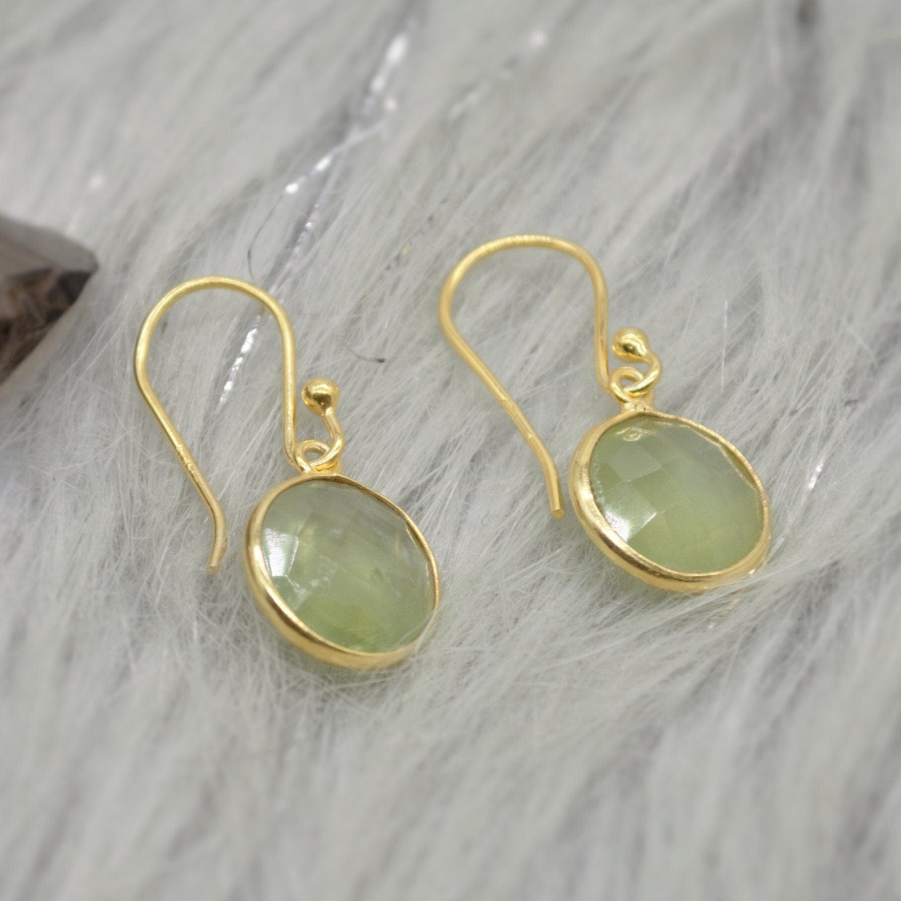 Prehnite Gold Earrings, Gold Plated Sterling Silver Gemstone Earrings, Unique Dangle Drop Earrings, Birthday Gifts For Her, Christmas Gifts