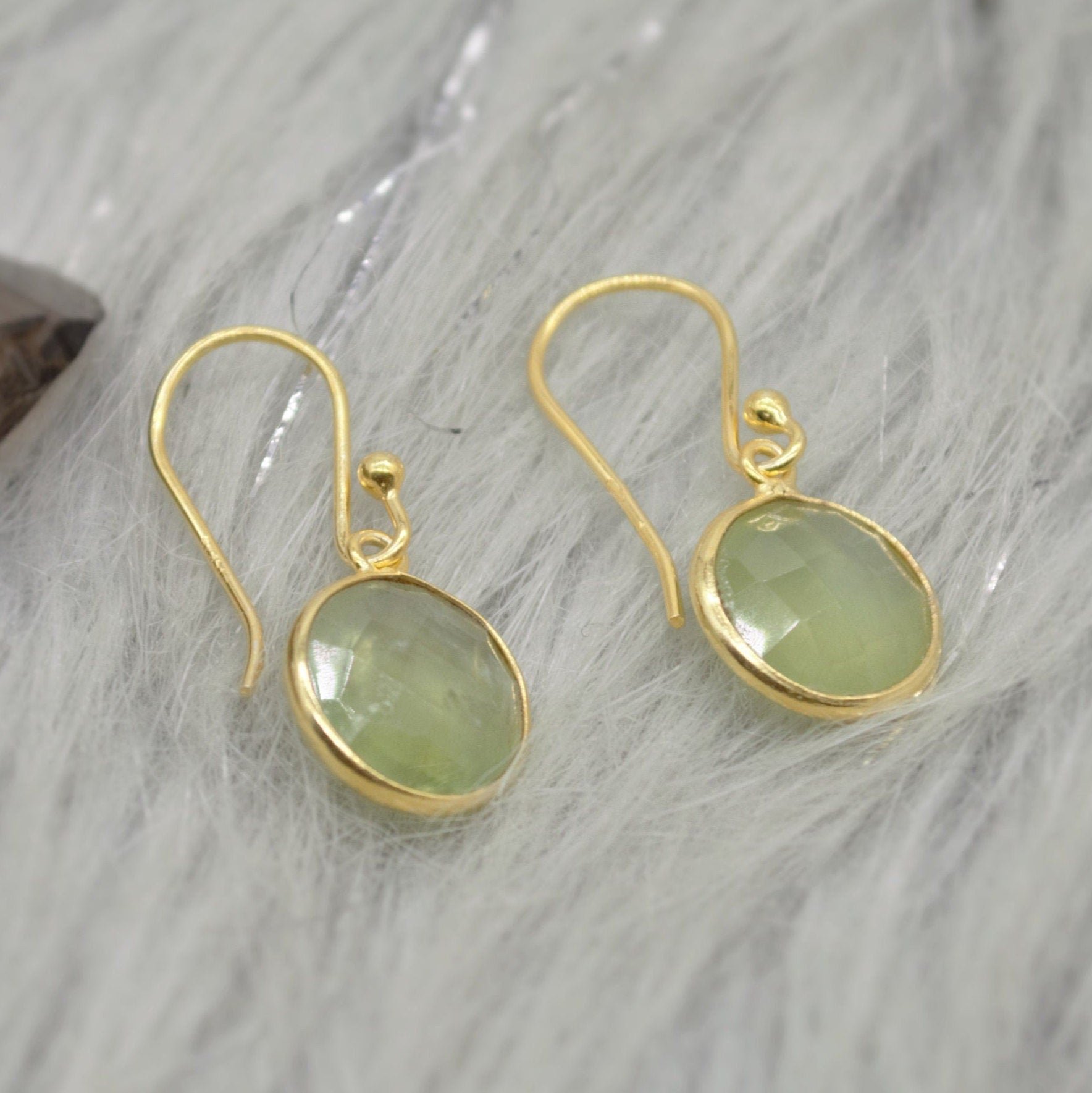 Prehnite Gold Earrings, Gold Plated Sterling Silver Gemstone Earrings, Unique Dangle Drop Earrings, Birthday Gifts For Her, Christmas Gifts