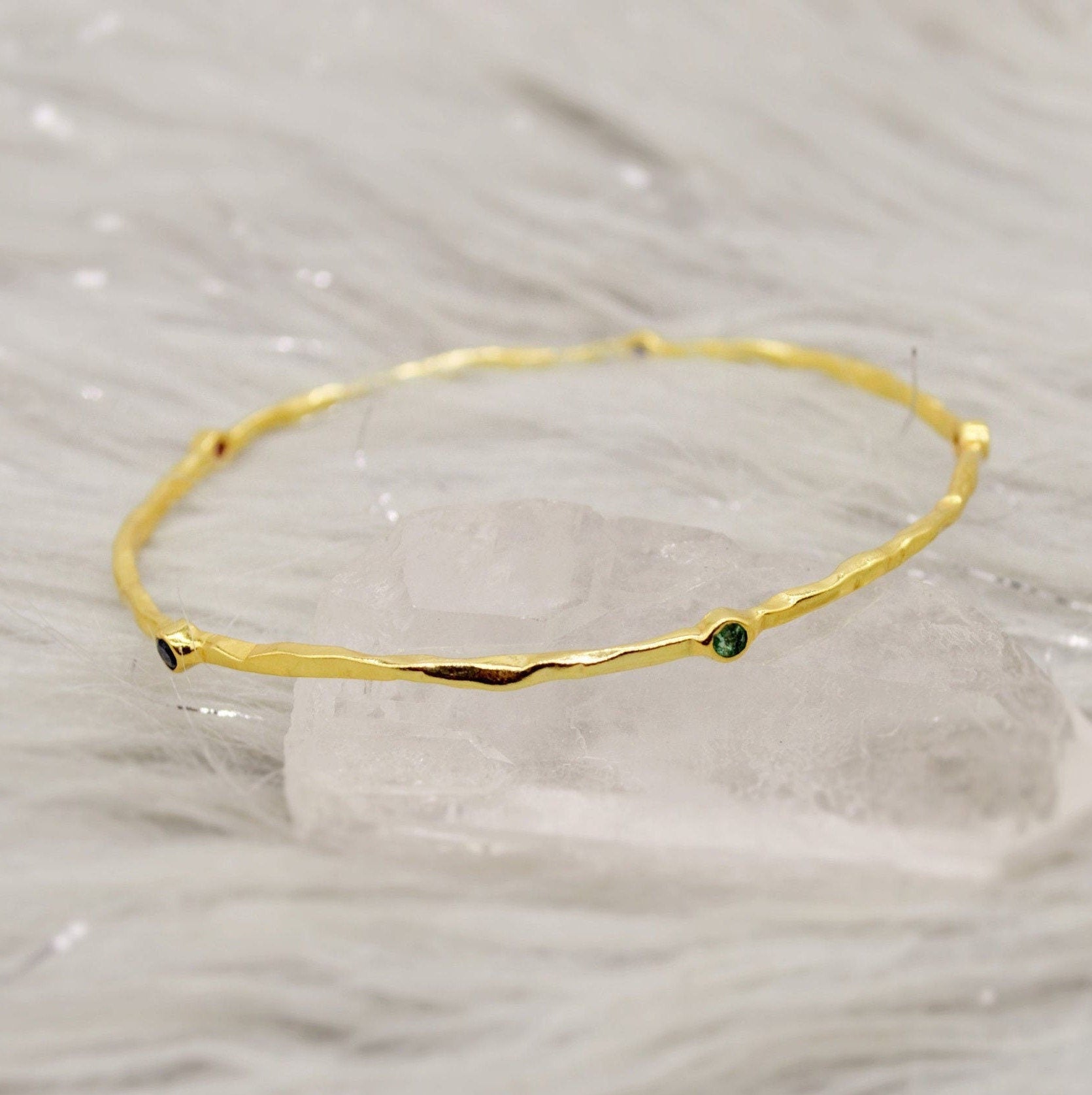 Ruby, Emerald, Sapphire, Gold Bangle Bracelet, Gold Plated Sterling Silver, Dainty Gemstone Bracelet For Women, Birthday Gift For Her