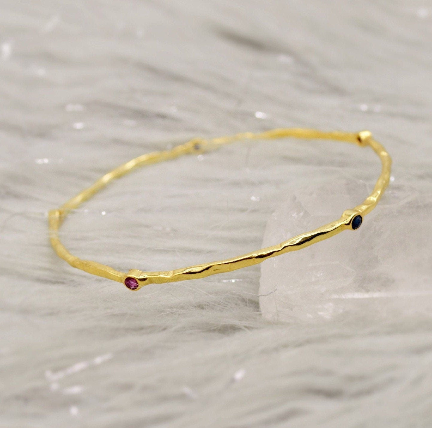 Ruby, Emerald, Sapphire, Gold Bangle Bracelet, Gold Plated Sterling Silver, Dainty Gemstone Bracelet For Women, Birthday Gift For Her