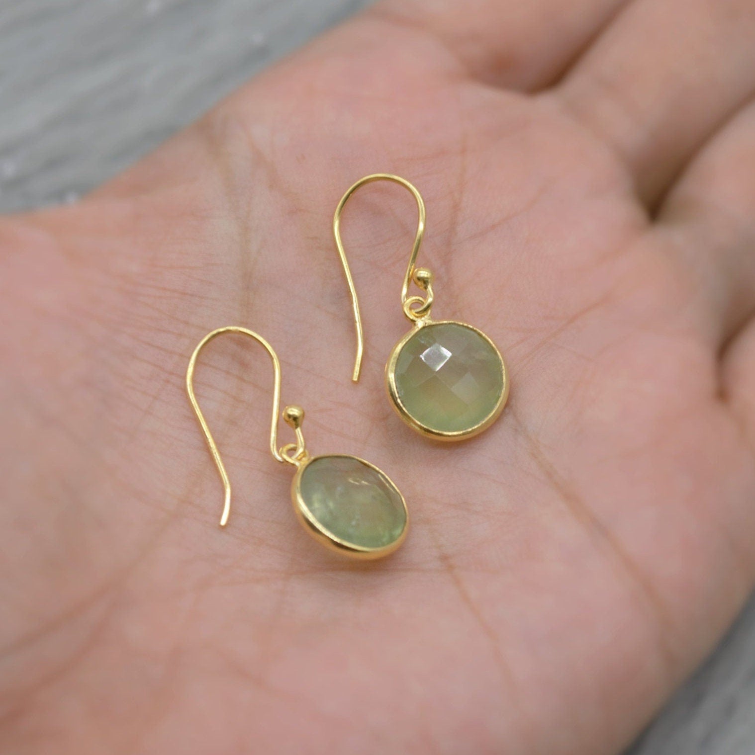 Prehnite Gold Earrings, Gold Plated Sterling Silver Gemstone Earrings, Unique Dangle Drop Earrings, Birthday Gifts For Her, Christmas Gifts