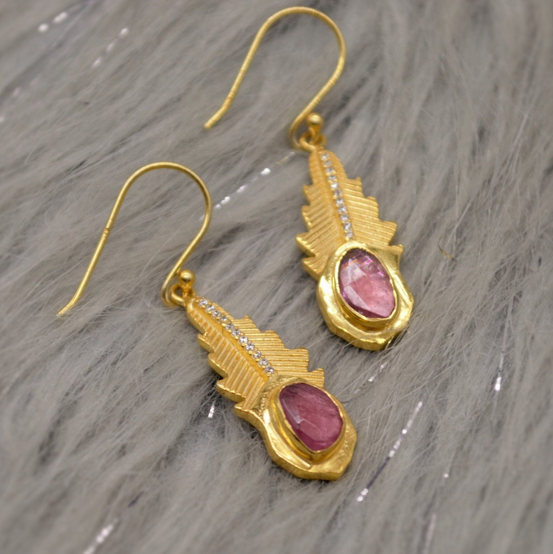 Green, Pink Tourmaline Earrings, CZ Sterling Silver Earrings, October Birthstone Jewelry, Raw Gemstone Earrings, Christmas Gifts For Her