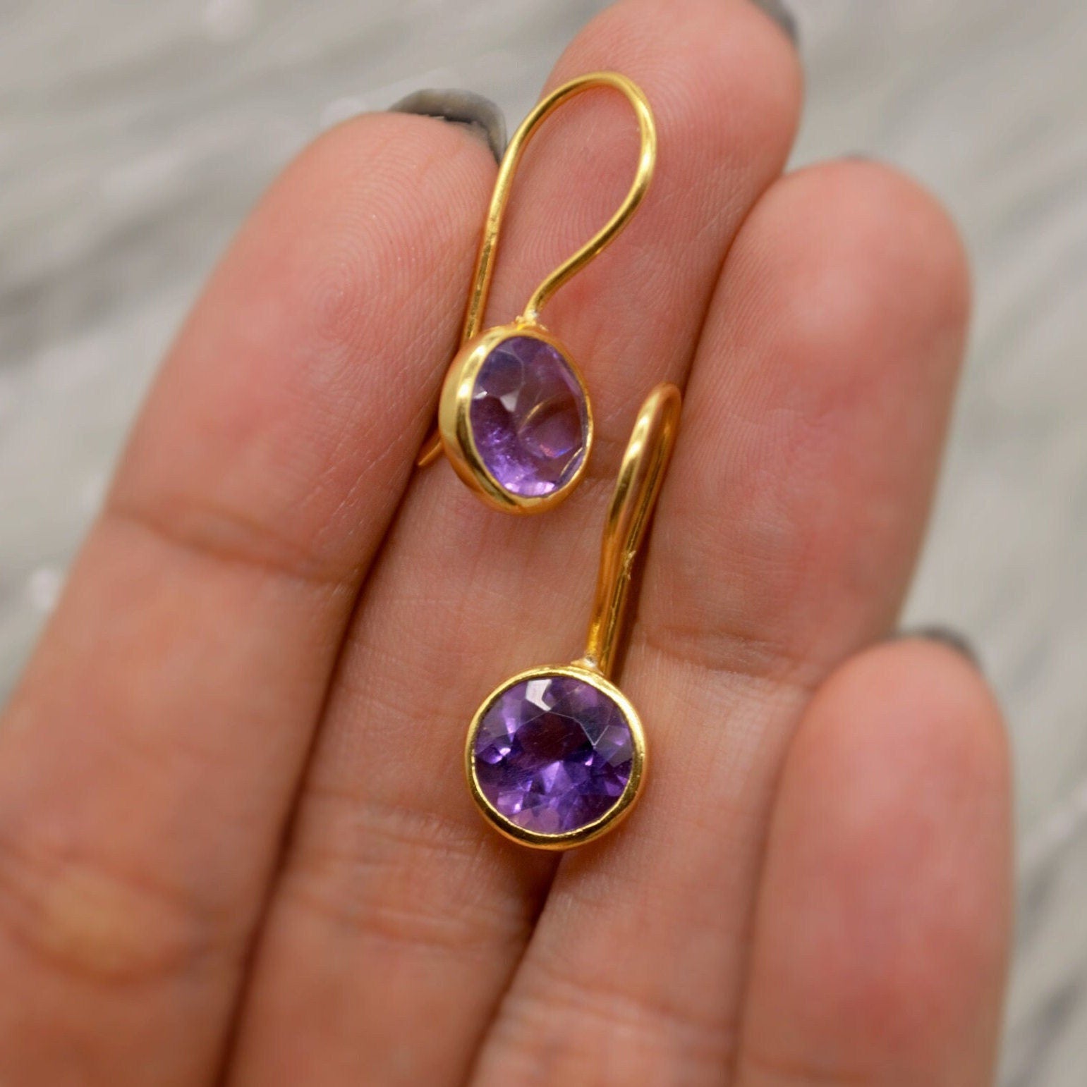 Purple Amethyst Gold Earrings, February Birthstone, Dainty Statement Unique Gemstone Dangle Drop Earrings, Gold Plated Silver, Gifts For Her
