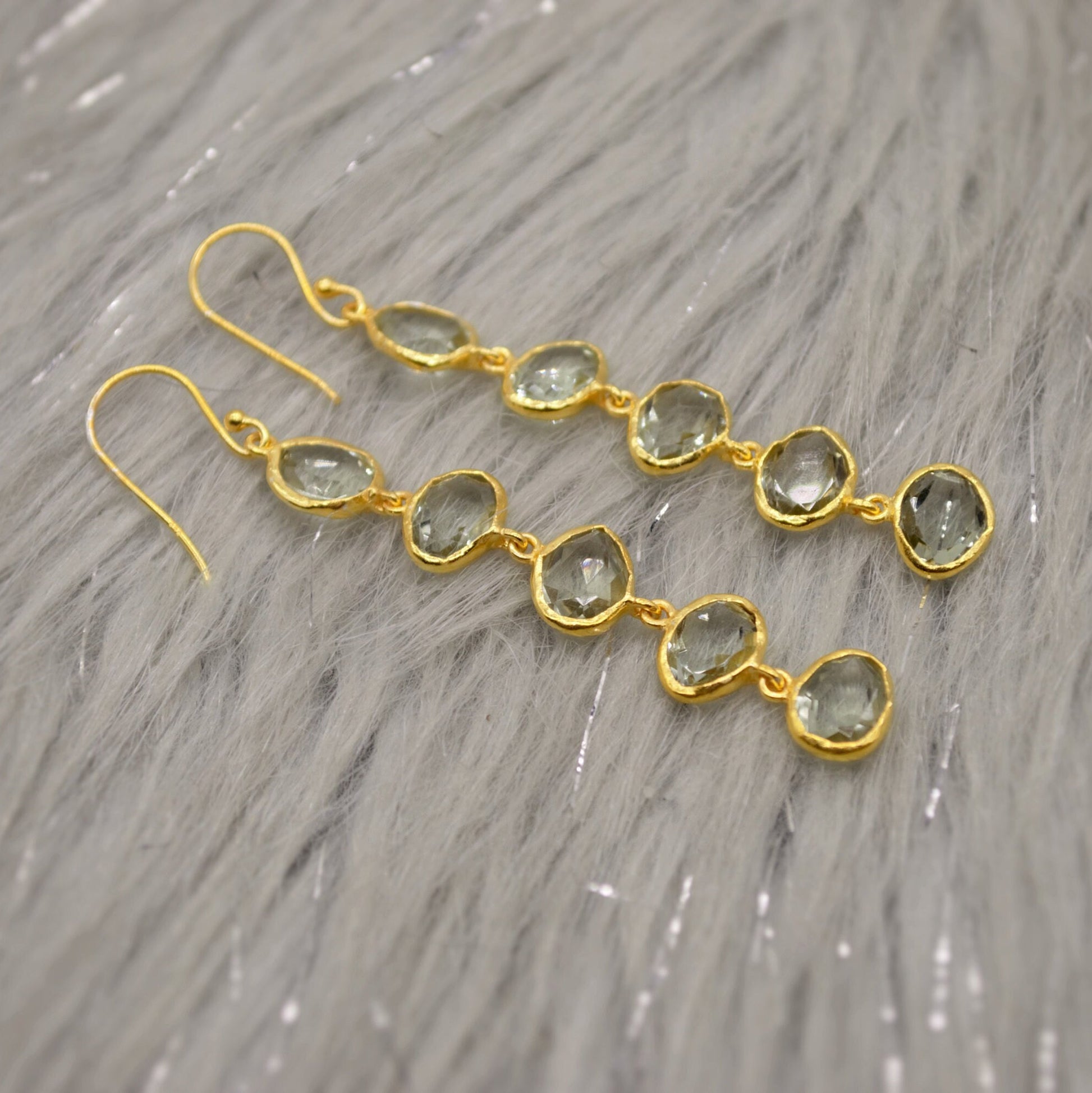 Green Amethyst Gold Dangle Drop Earrings, Gold Plated Sterling Silver Earrings, February Birthstone Earrings, Amethyst Jewelry, Gift For Her