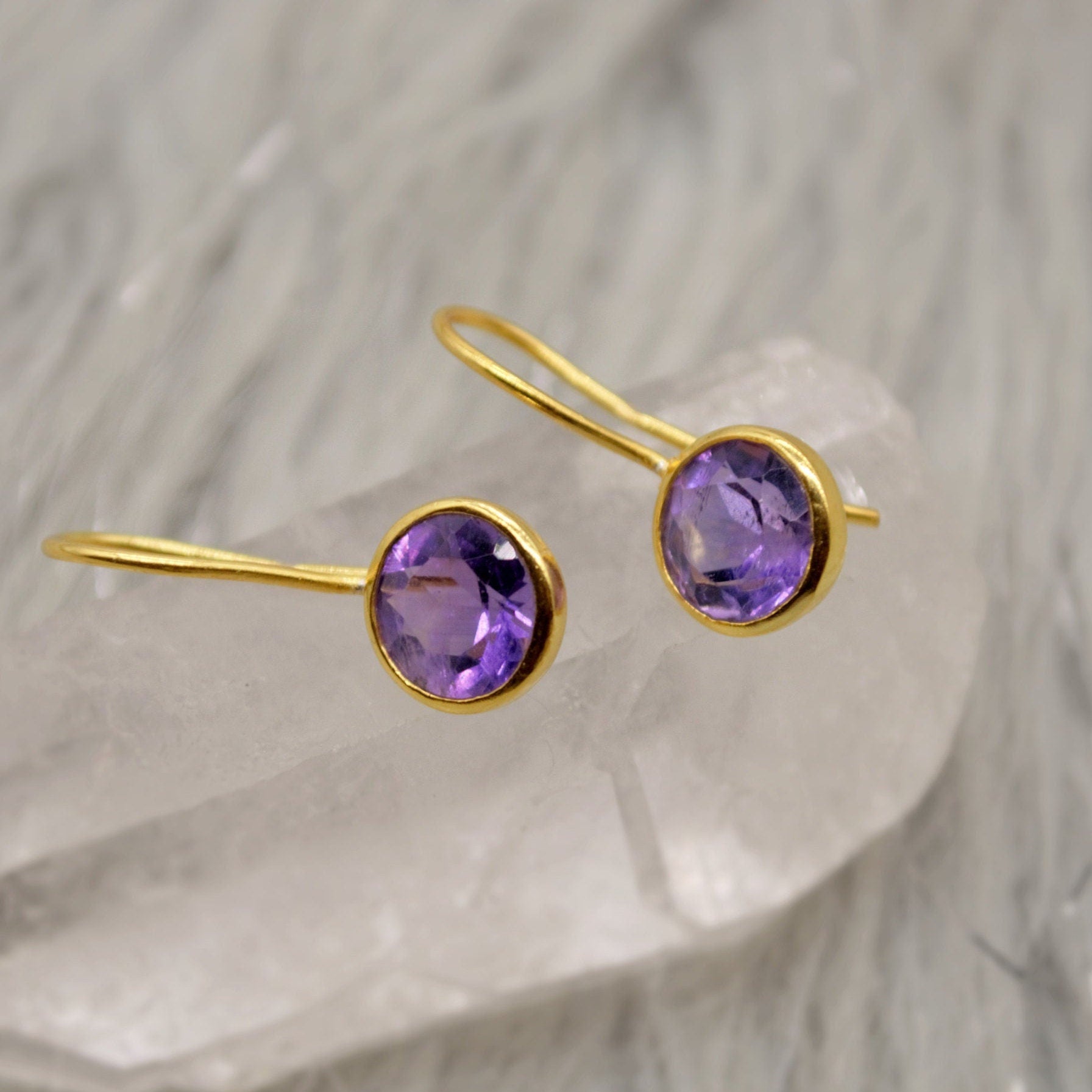 Purple Amethyst Gold Earrings, February Birthstone, Dainty Statement Unique Gemstone Dangle Drop Earrings, Gold Plated Silver, Gifts For Her
