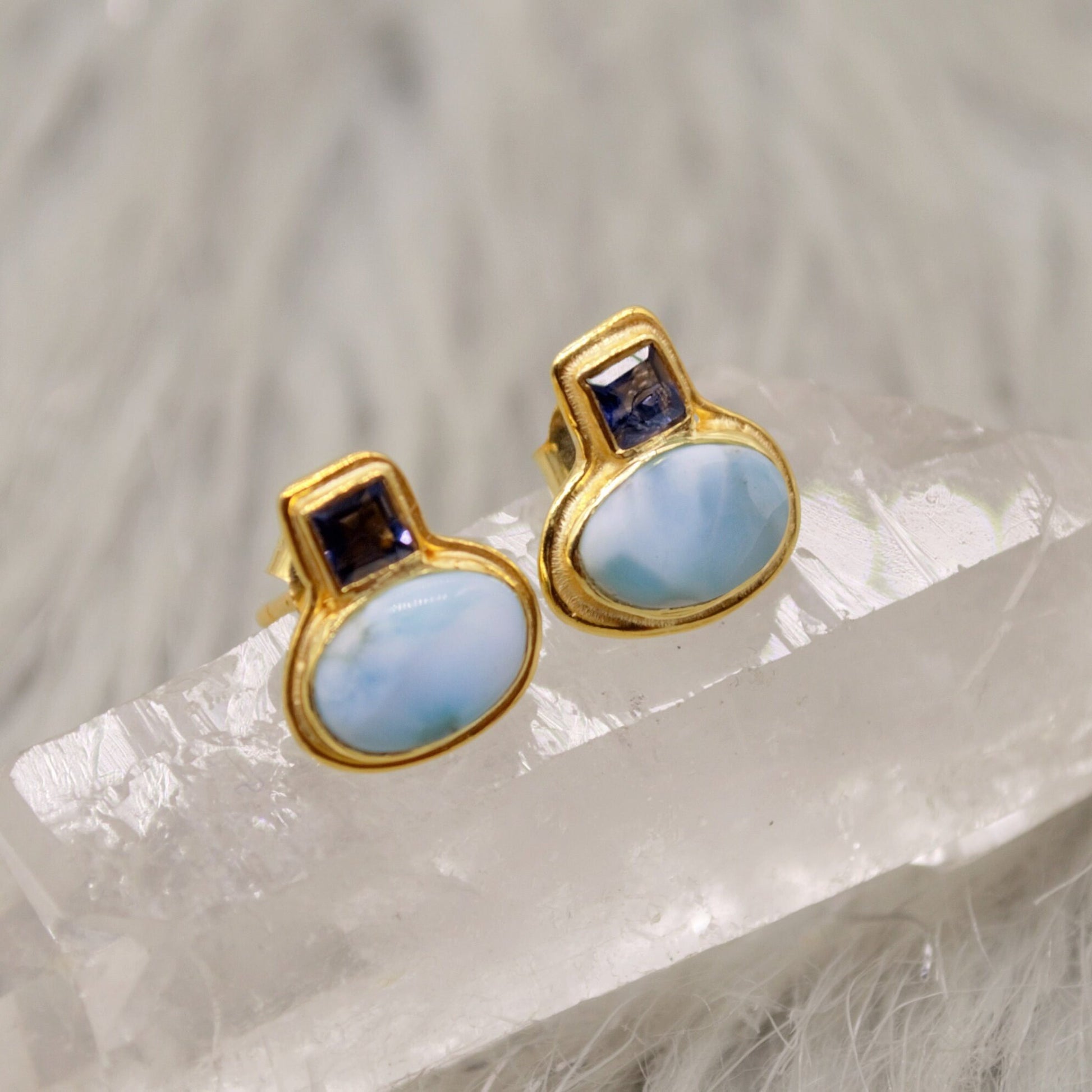 Larimar Earrings, Iolite and Larimar Gemstone, Gold Plated Sterling silver, Dainty Studs Earrings, Handmade Birthday Gift For Her
