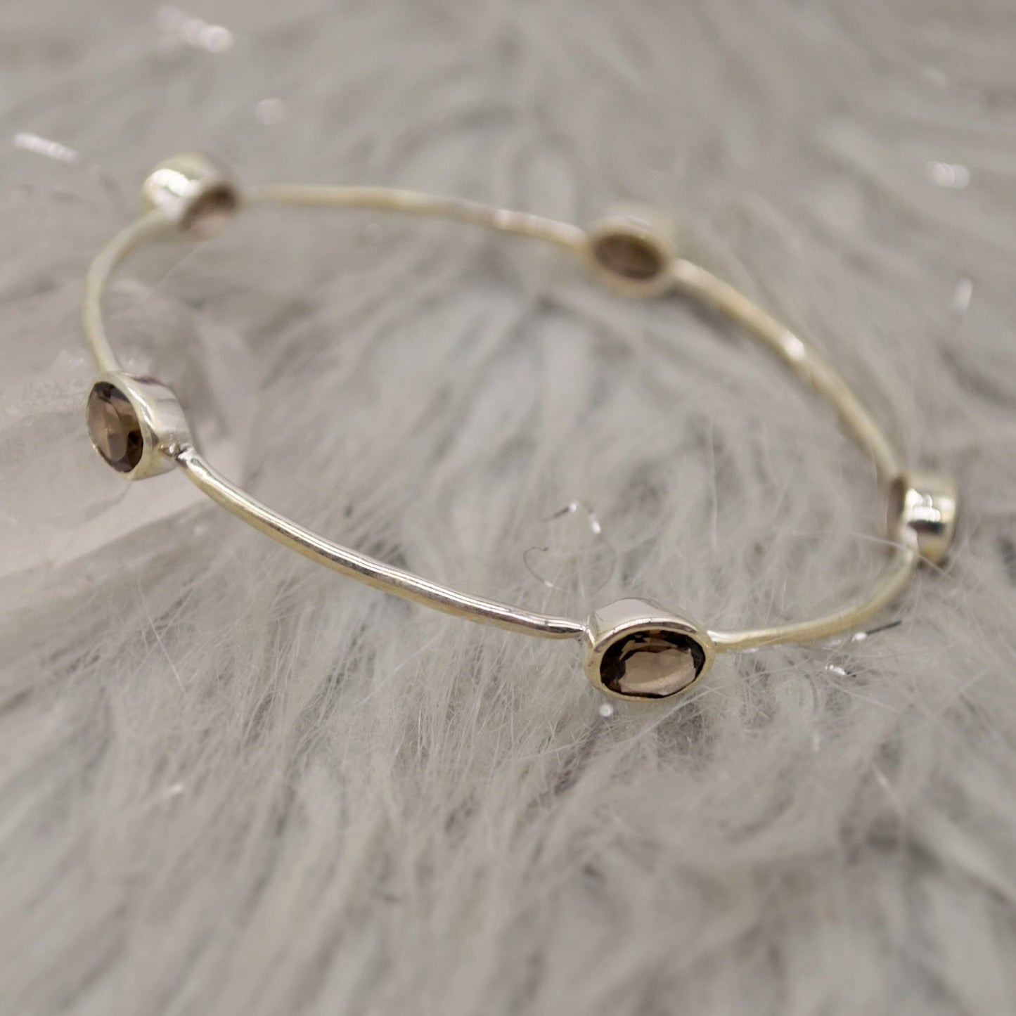 Smoky Quartz Silver Bangle Bracelet, Sterling Silver Bracelets For Women, 6cm Diameter, Unique Handmade Brown Gemstone Bangle