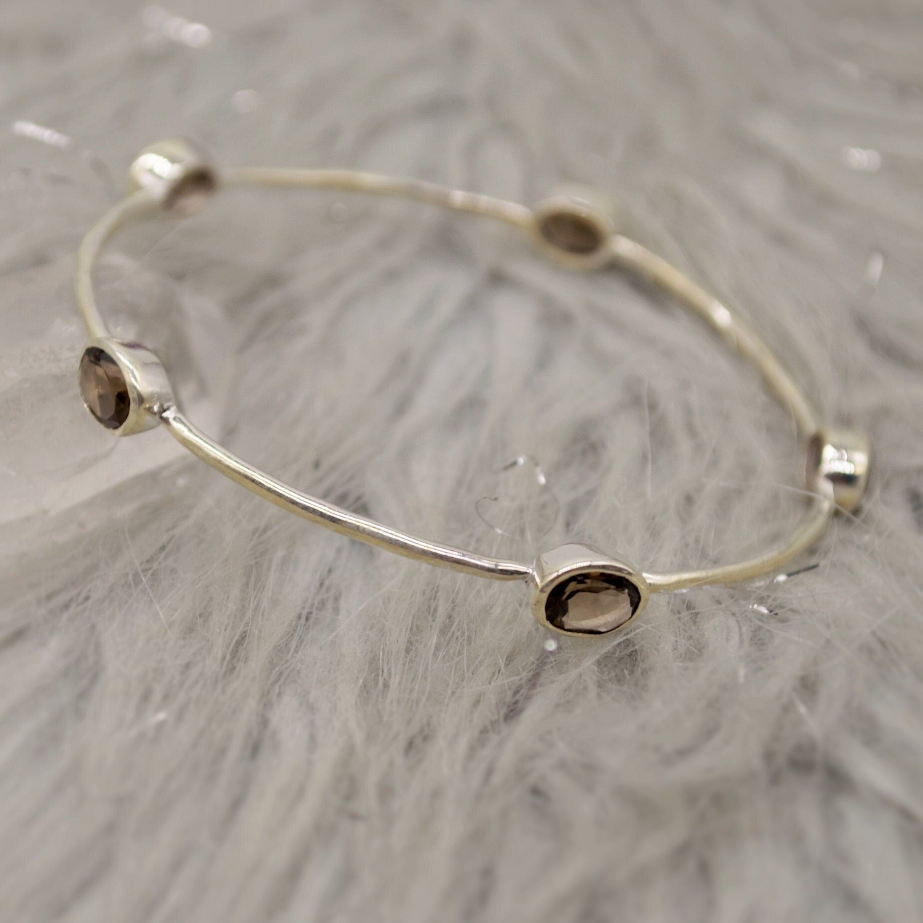 Smoky Quartz Silver Bangle Bracelet, Sterling Silver Bracelets For Women, 6cm Diameter, Unique Handmade Brown Gemstone Bangle