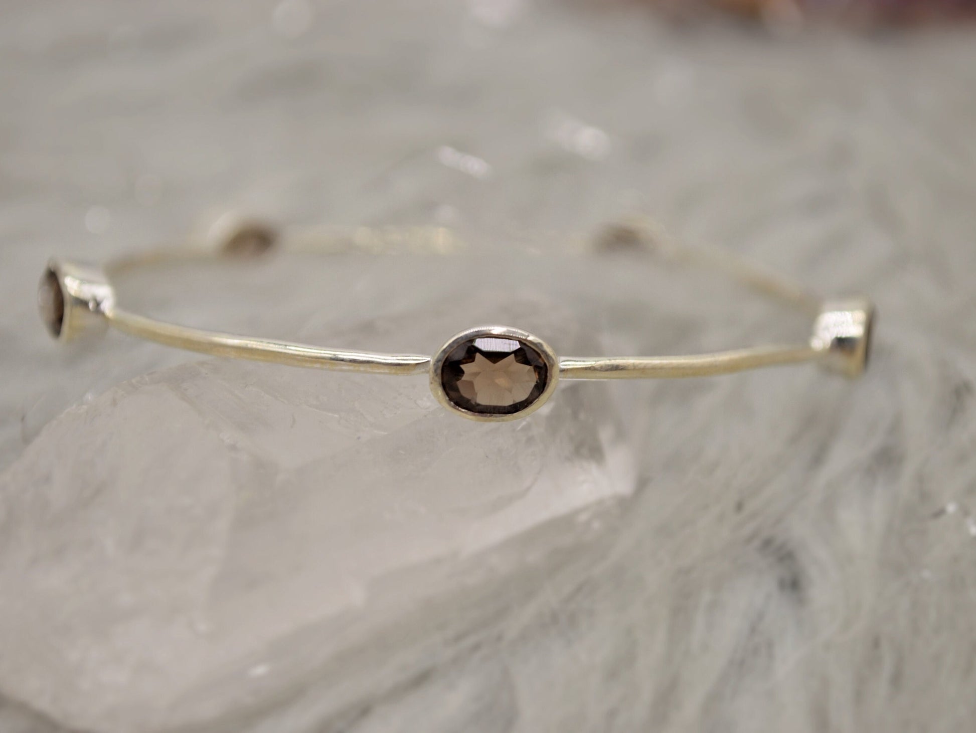 Smoky Quartz Silver Bangle Bracelet, Sterling Silver Bracelets For Women, 6cm Diameter, Unique Handmade Brown Gemstone Bangle