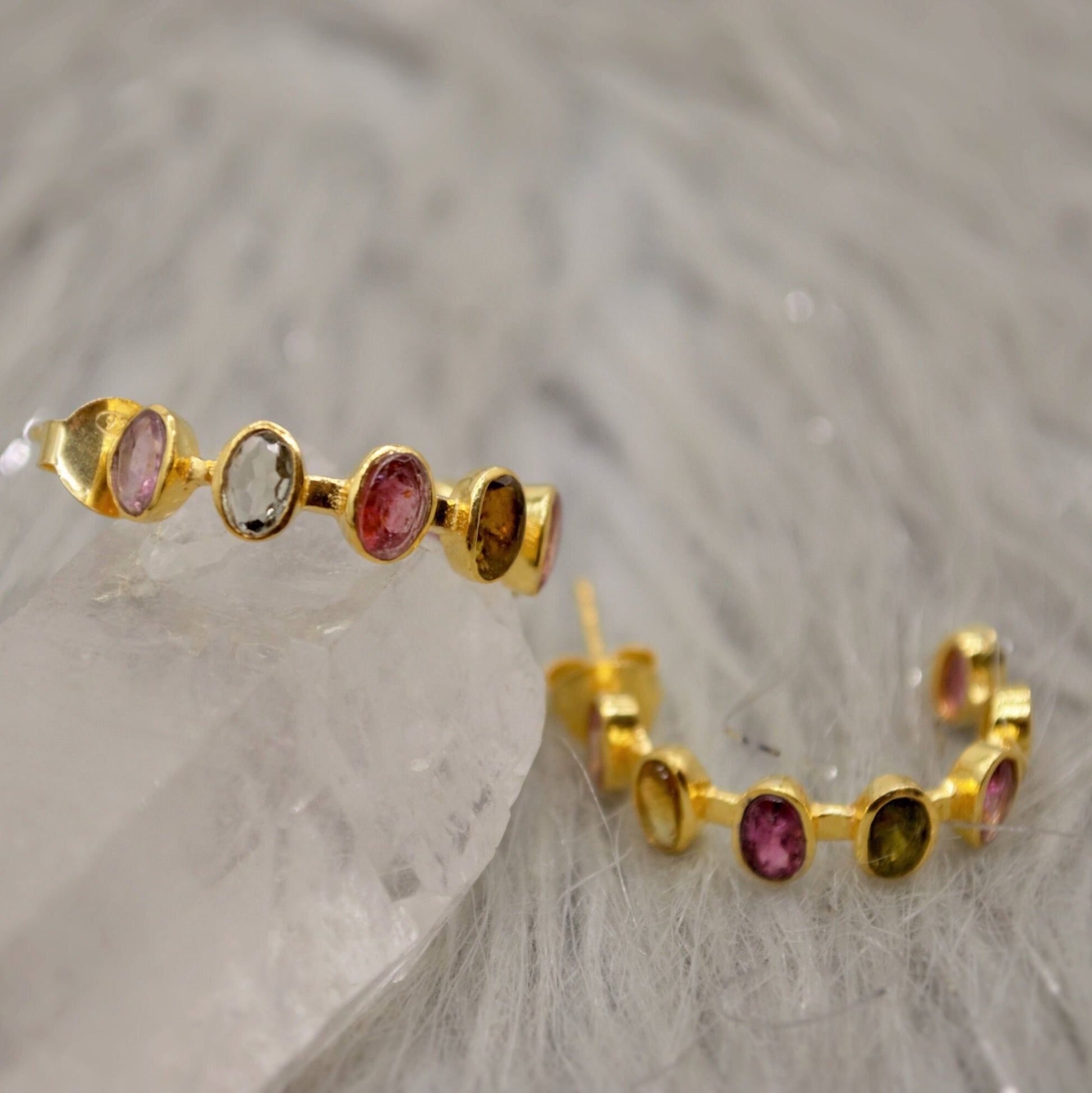 Pink Green Tourmaline Silver Hoop Earrings, Tourmaline Jewelry, October Birthstone Earrings, Minimalist Earrings, Unique Gifts For Her