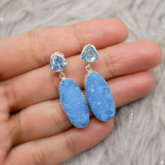 Blue Topaz, Druzy Agate Silver Dangle Earrings, Dainty Gemstone Drop Earrings, Unique Earrings, December Birthstone
