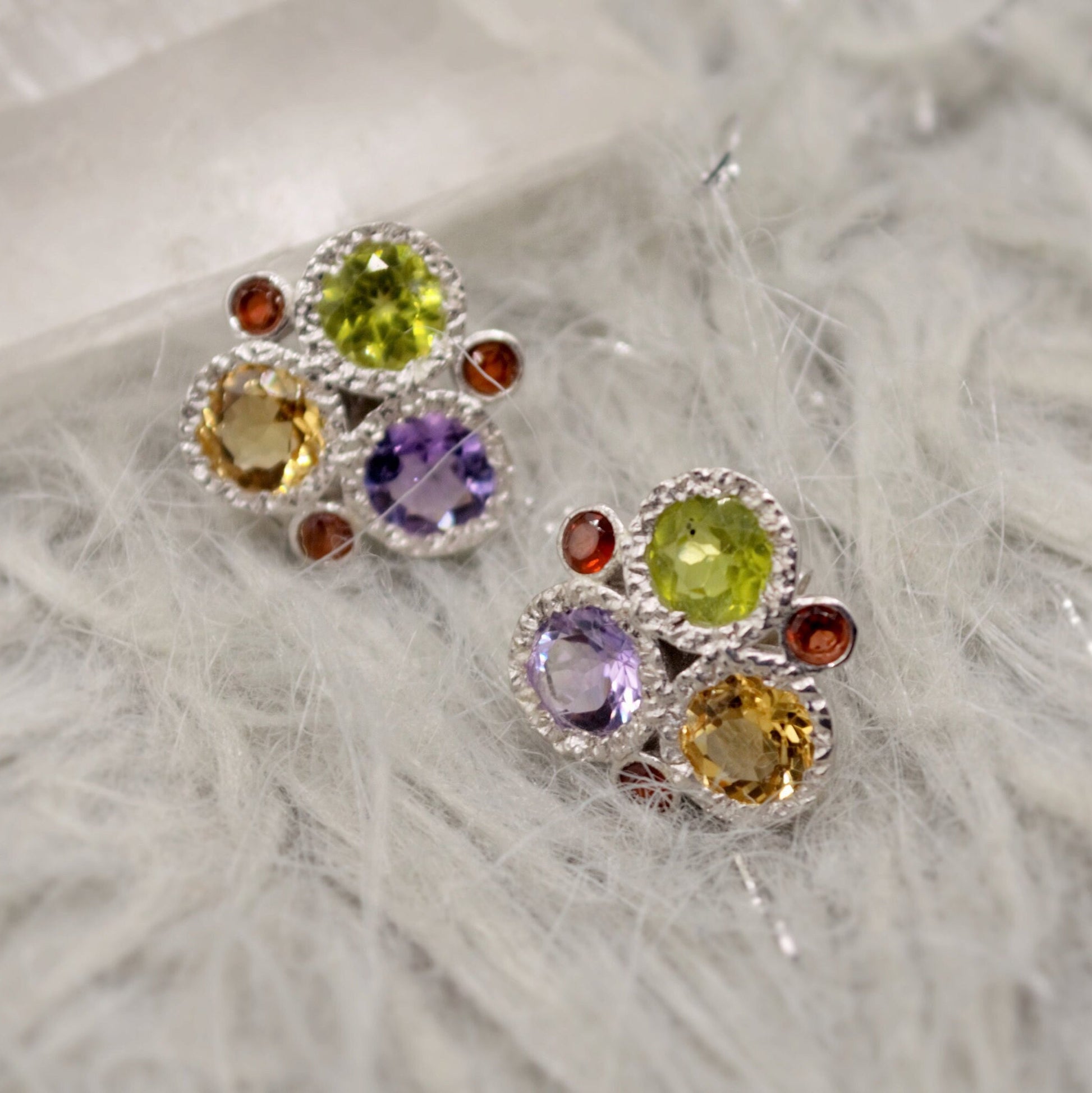 Citrine, Peridot, Amethyst, Garnet Silver Stud Earrings