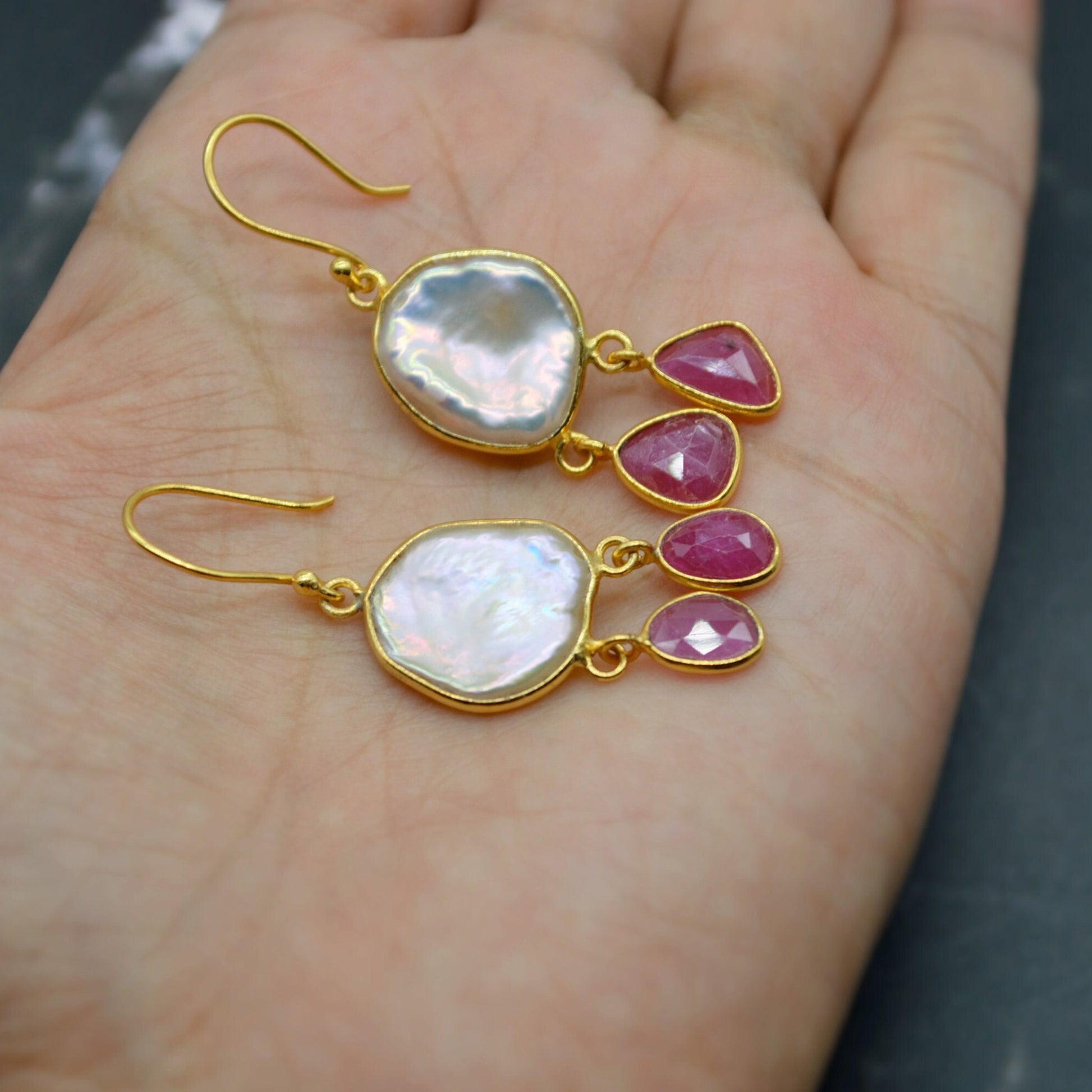 Pearl Ruby Earrings, Birthstone Dangle Drop - July June Gemstone, Sterling Silver Jewelry, Gift For Her