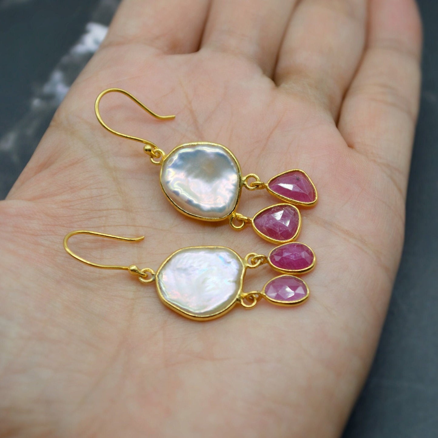 Pearl Ruby Earrings, Birthstone Dangle Drop - July June Gemstone, Sterling Silver Jewelry, Gift For Her