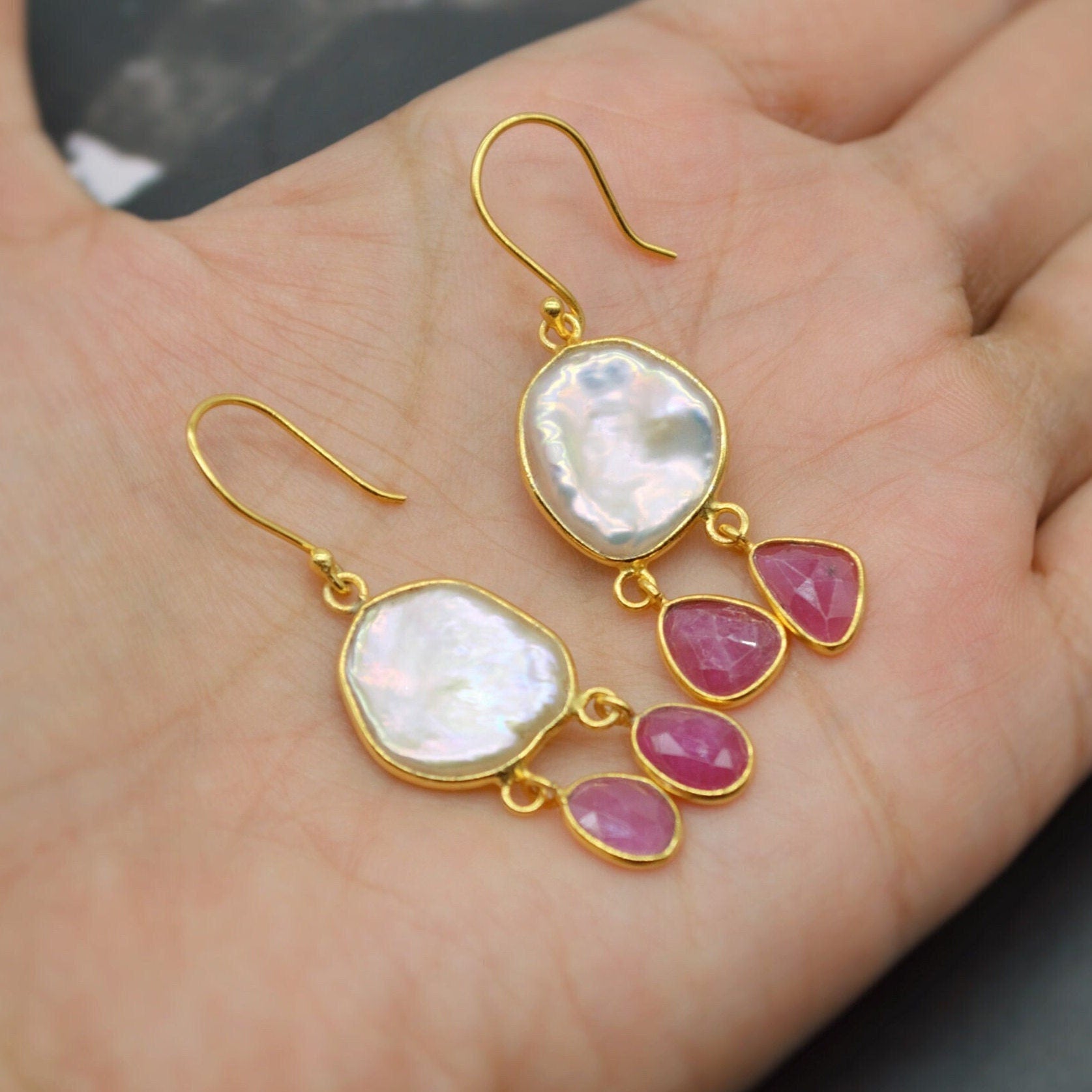Pearl Ruby Earrings, Birthstone Dangle Drop - July June Gemstone, Sterling Silver Jewelry, Gift For Her