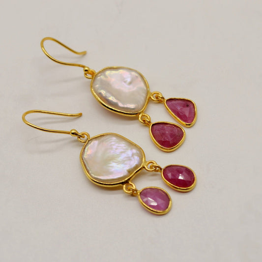 Pearl Ruby Earrings, Birthstone Dangle Drop - July June Gemstone, Sterling Silver Jewelry, Gift For Her