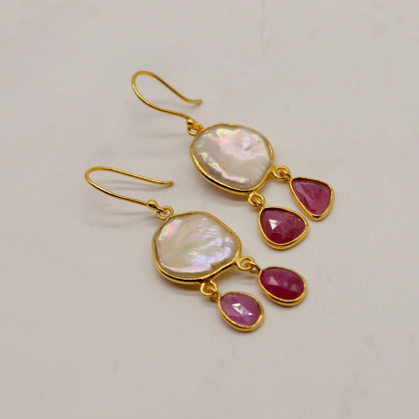Pearl Ruby Earrings, Birthstone Dangle Drop - July June Gemstone, Sterling Silver Jewelry, Gift For Her