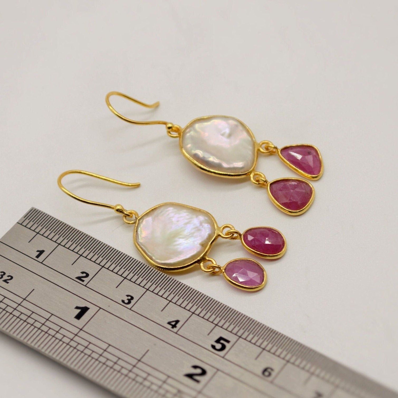 Pearl Ruby Earrings, Birthstone Dangle Drop - July June Gemstone, Sterling Silver Jewelry, Gift For Her