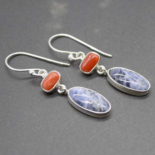 Red Coral, Blue Sapphire Silver Dangle Earrings - Handmade Gift for Her, September Birthstone Earrings
