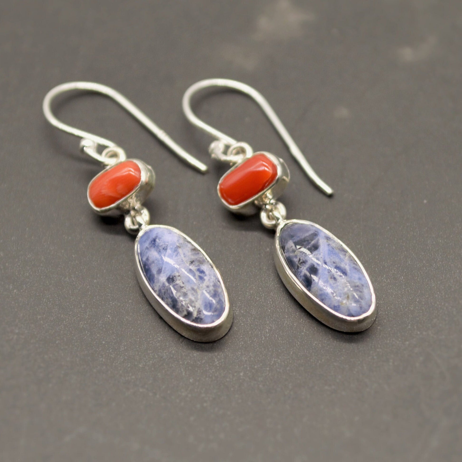 Red Coral, Blue Sapphire Silver Dangle Earrings - Handmade Gift for Her, September Birthstone Earrings