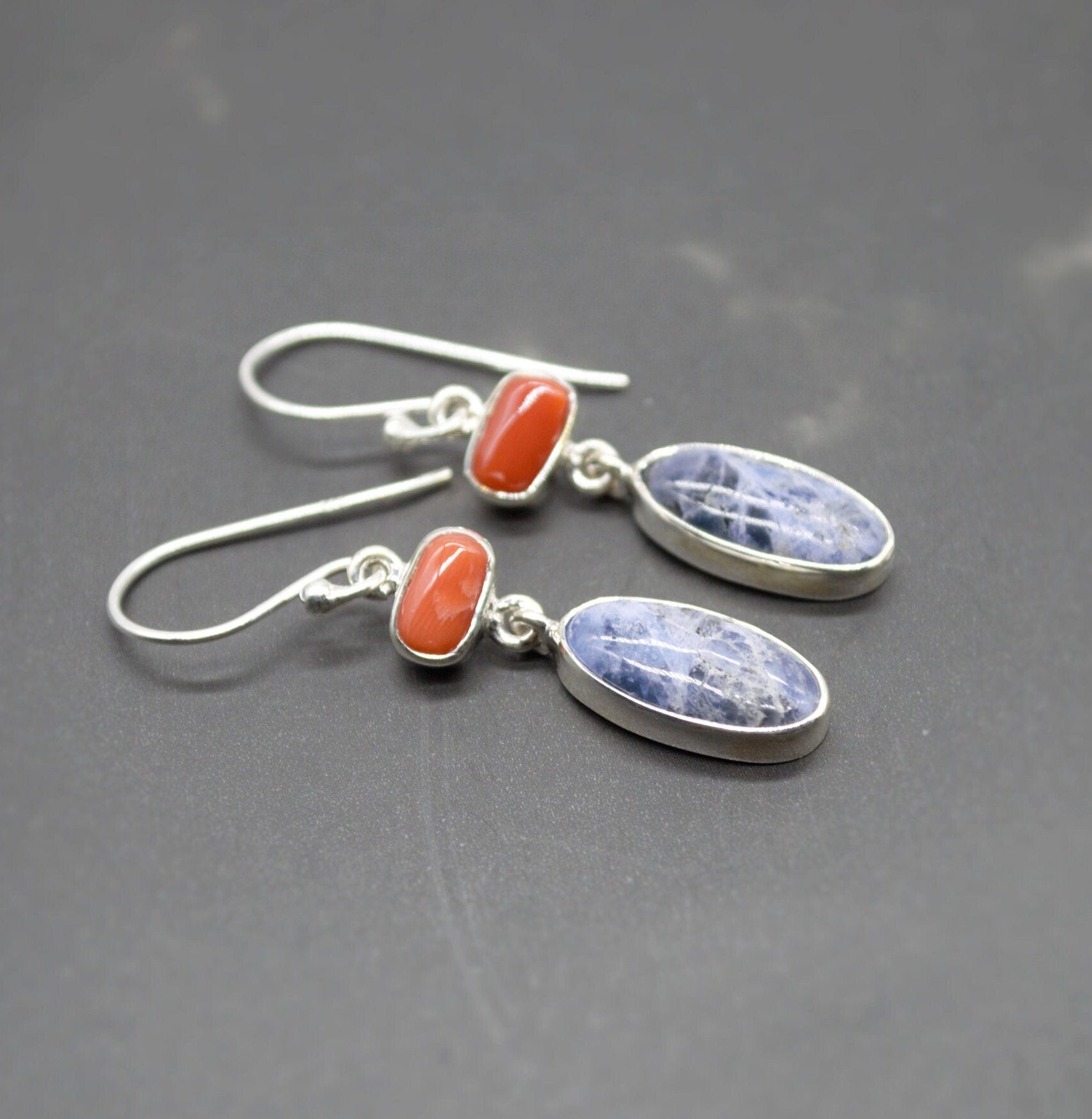 Red Coral, Blue Sapphire Silver Dangle Earrings - Handmade Gift for Her, September Birthstone Earrings