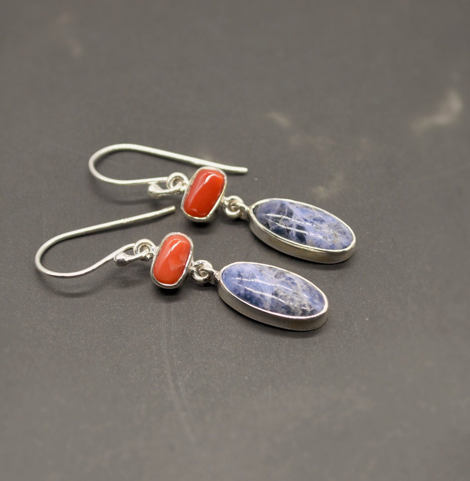 Red Coral, Blue Sapphire Silver Dangle Earrings - Handmade Gift for Her, September Birthstone Earrings