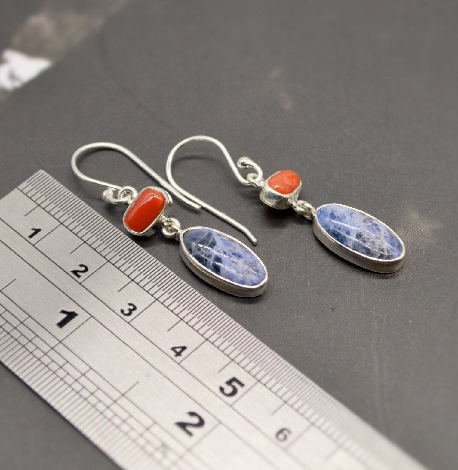 Red Coral, Blue Sapphire Silver Dangle Earrings - Handmade Gift for Her, September Birthstone Earrings