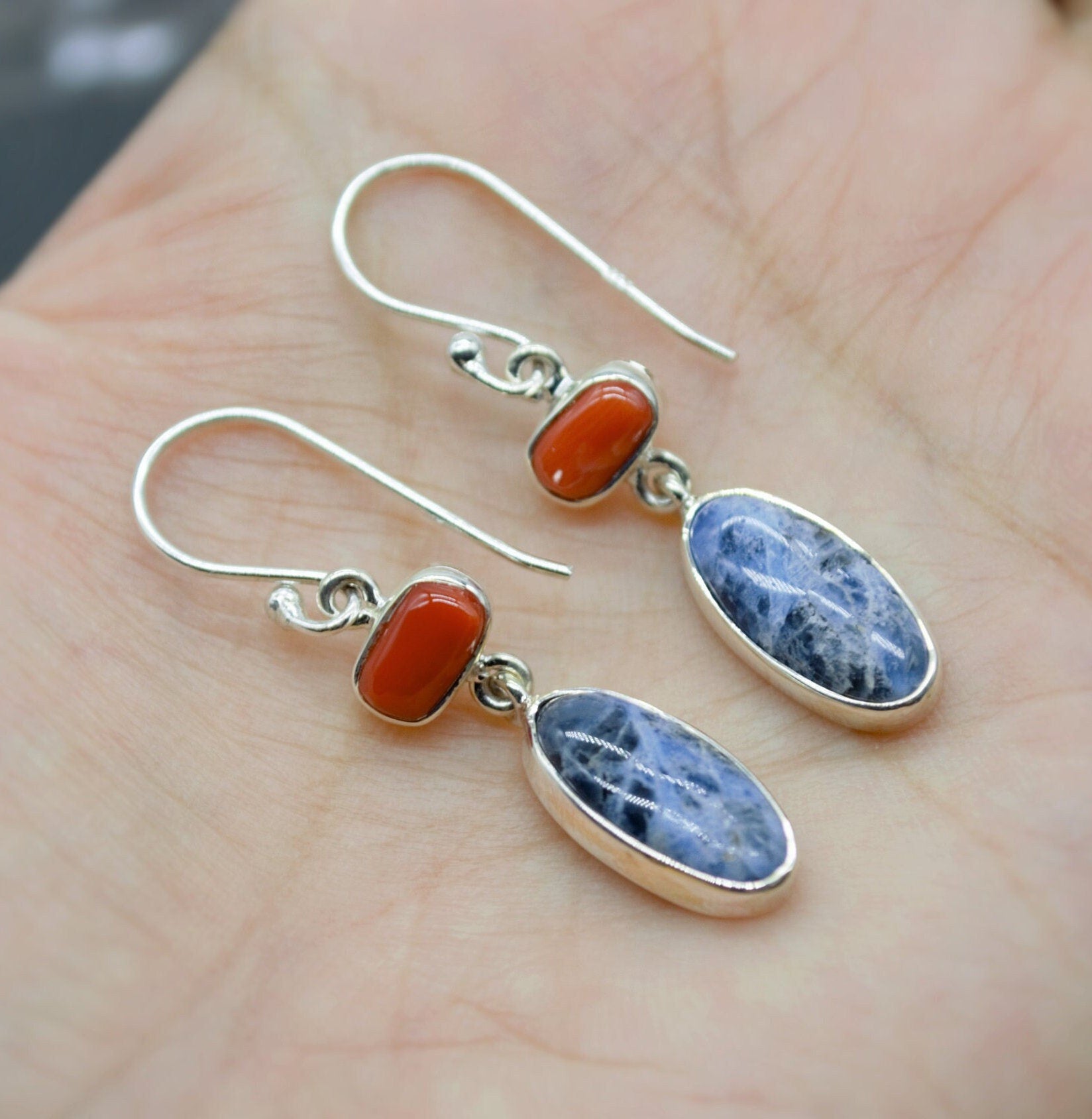 Red Coral, Blue Sapphire Silver Dangle Earrings - Handmade Gift for Her, September Birthstone Earrings