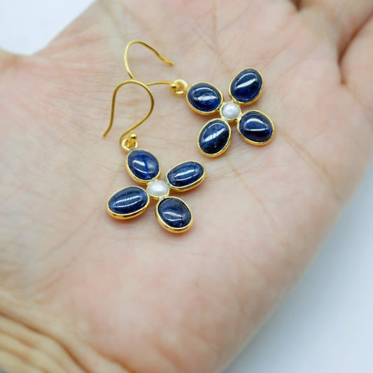 Blue Sapphire and Pearl Drop Earrings, Handmade Sterling Silver Jewelry, Stunning September Birthstone