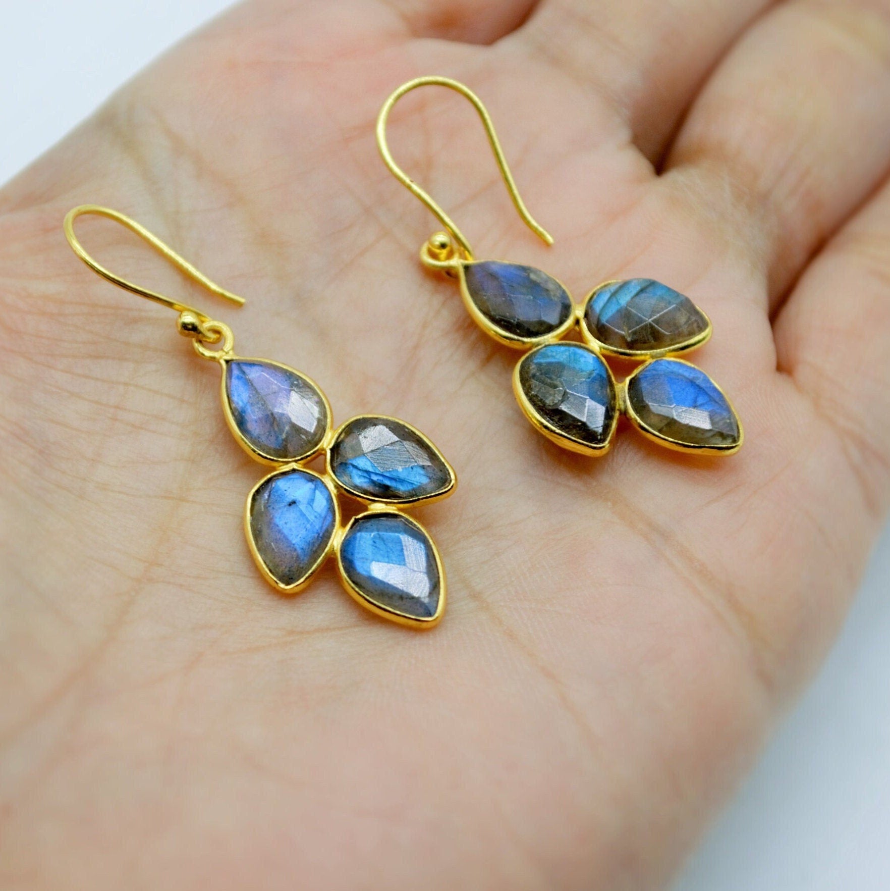 Handmade Labradorite Earrings - Sterling Silver & Gold, Sparkling Gemstone Dangles, Stylish Gift Idea