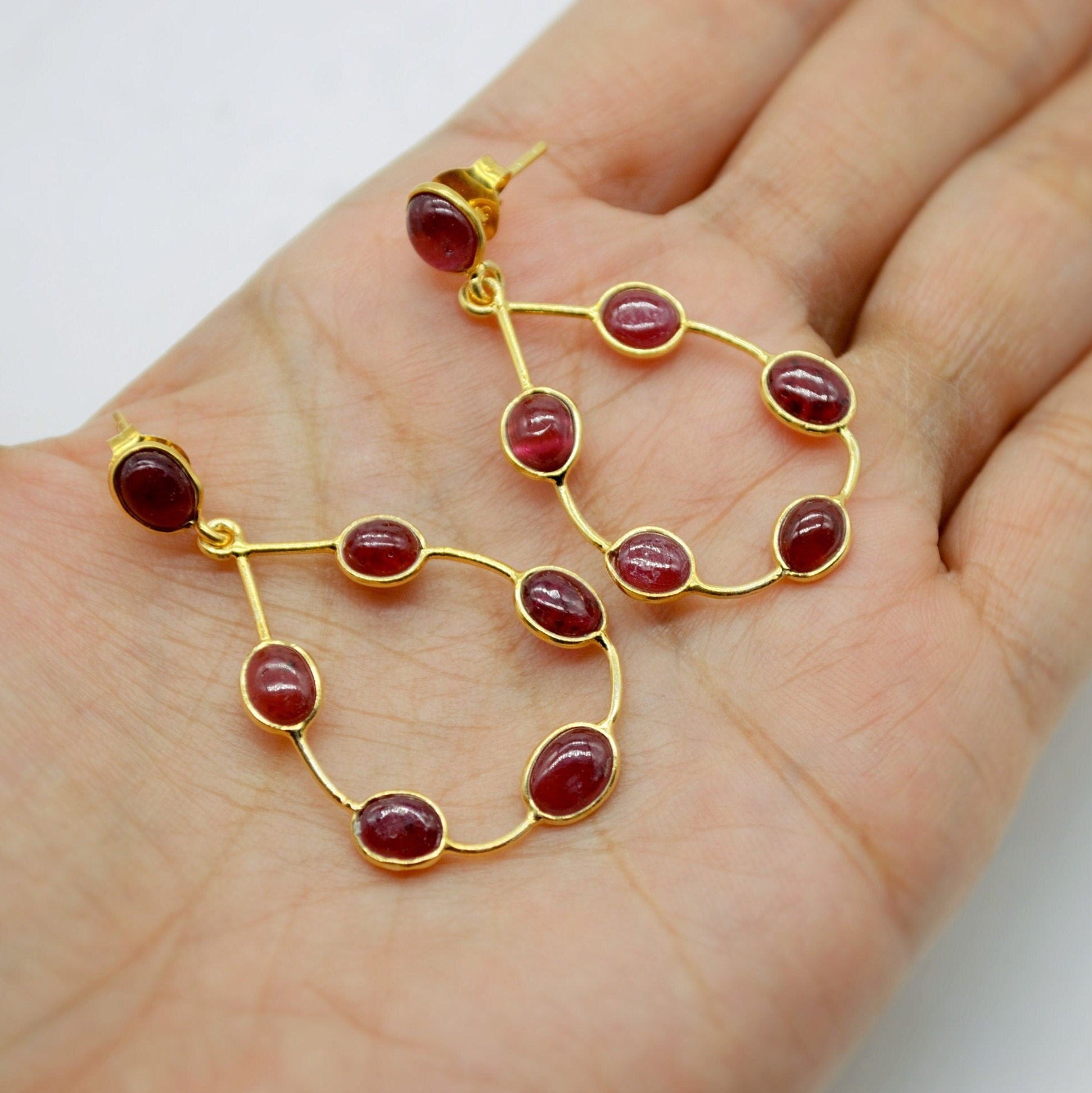 Gold Ruby Hoop Earrings, Cute Dainty Drop Earrings, Indian Wedding Jewelry, Minimalist July Birthstone Earrings
