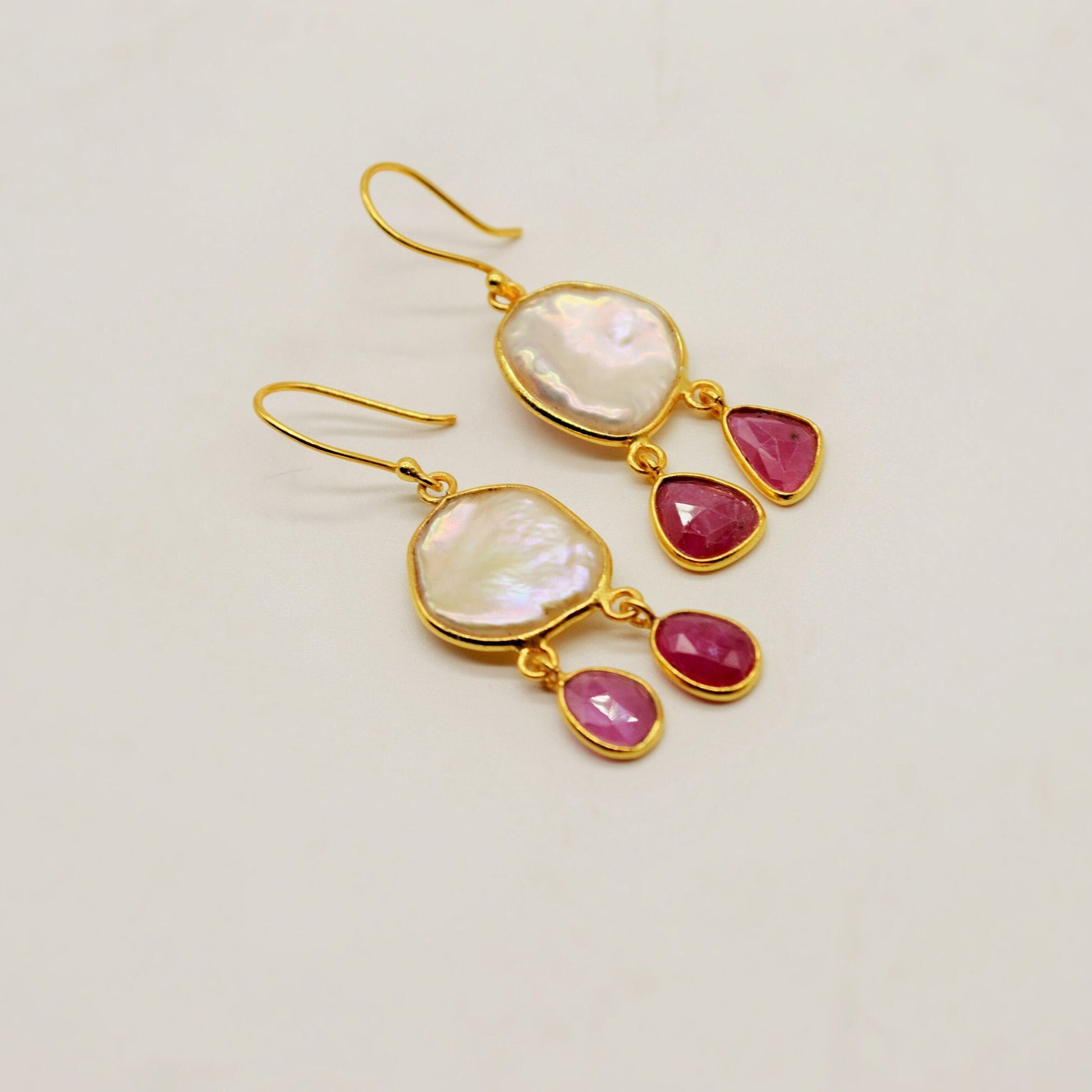 Pearl Ruby Earrings, Birthstone Dangle Drop - July June Gemstone, Sterling Silver Jewelry, Gift For Her