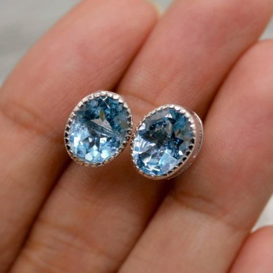 Blue Topaz Silver Stud Earrings, Minimalist Sterling Silver Gemstone Earrings, Dainty December Birthstone Earrings, Birthday Gifts For Her