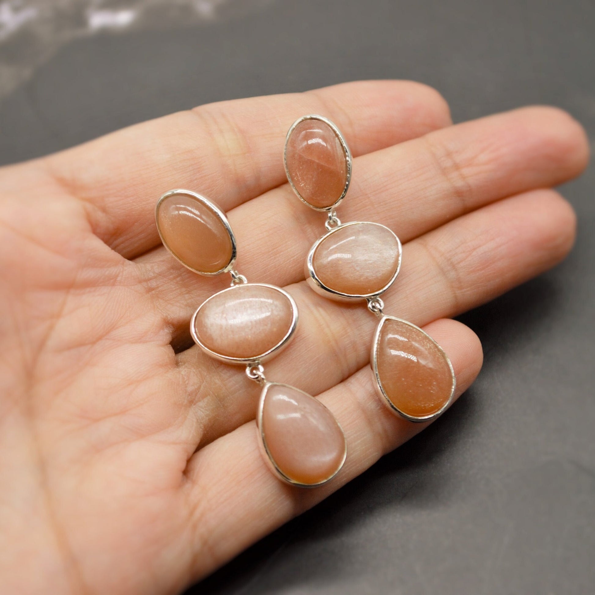 Peach Moonstone Sterling Silver Earrings, Moonstone Jewelry, Unique Gemstone Dangle Drop Earrings, Dainty Earrings, Gift For Her