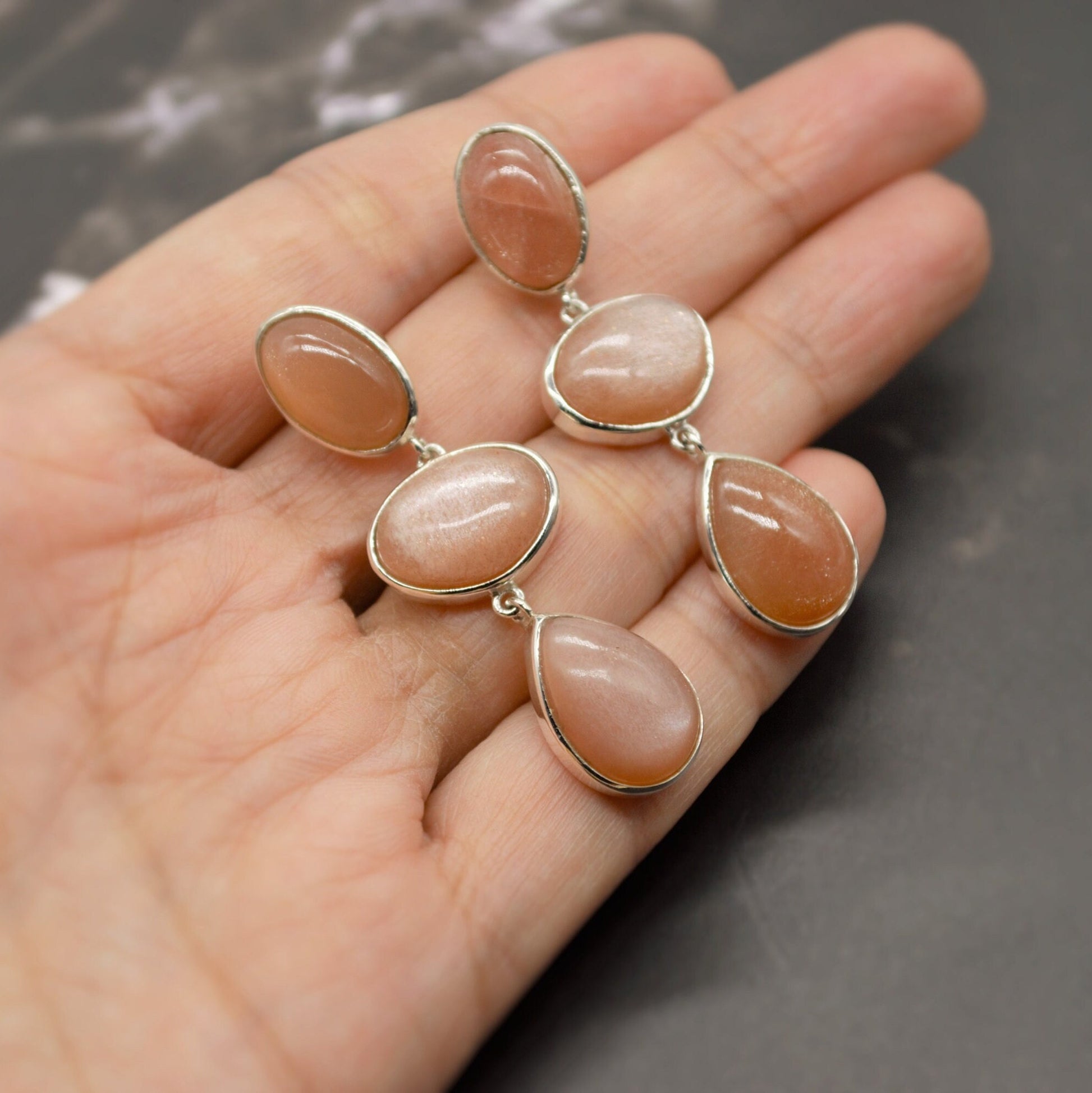 Peach Moonstone Sterling Silver Earrings, Moonstone Jewelry, Unique Gemstone Dangle Drop Earrings, Dainty Earrings, Gift For Her