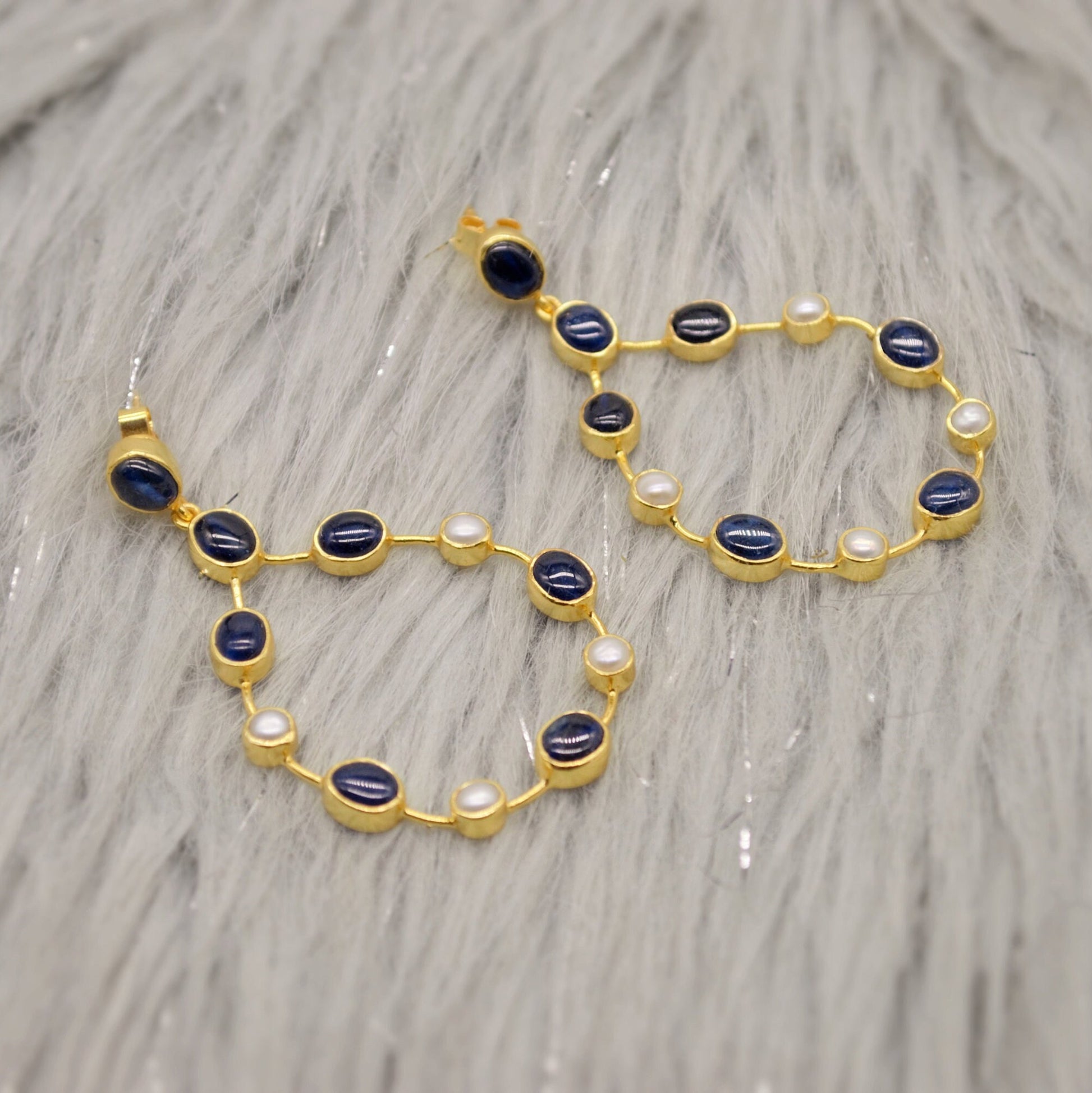 Handmade Blue Sapphire & Pearl Earrings, September, June Birthstone Gem, Elegant Sterling Silver Hoops