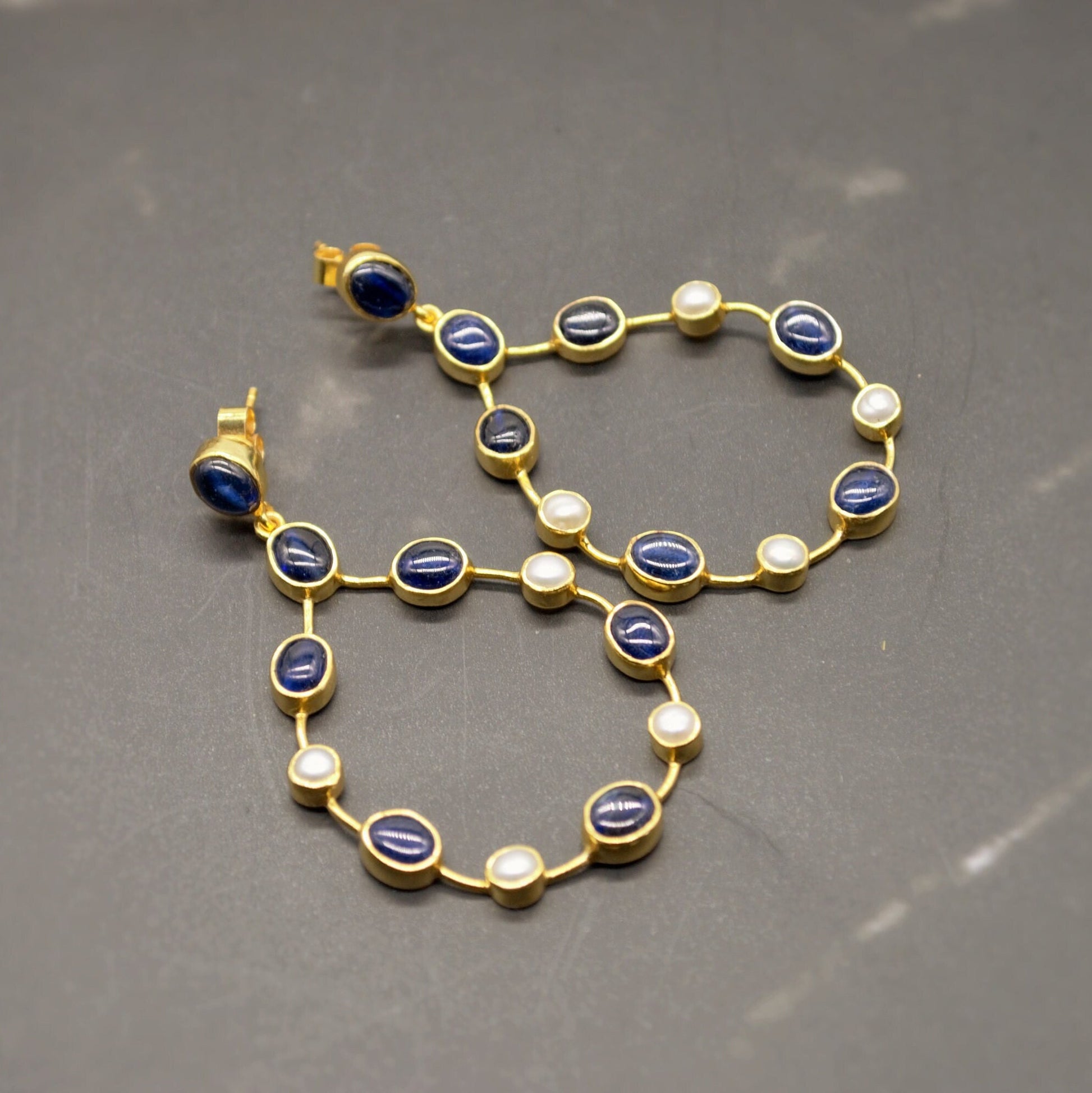 Handmade Blue Sapphire & Pearl Earrings, September, June Birthstone Gem, Elegant Sterling Silver Hoops