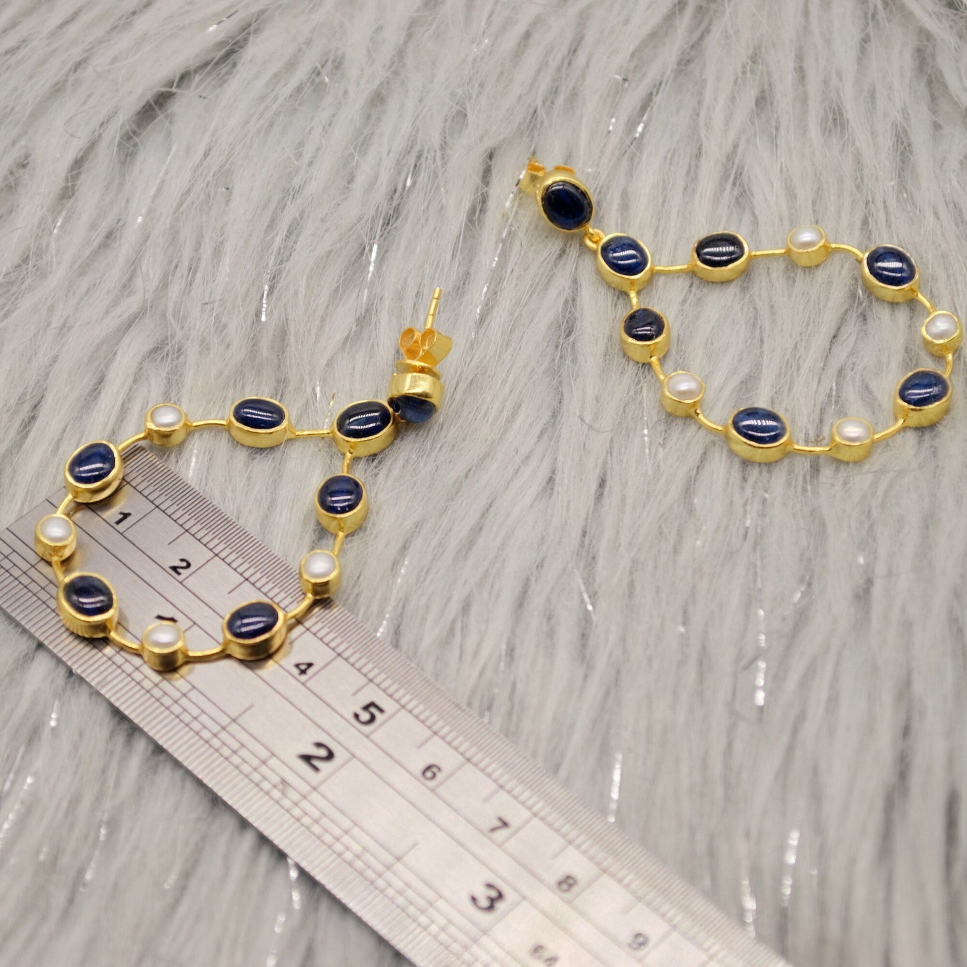 Handmade Blue Sapphire & Pearl Earrings, September, June Birthstone Gem, Elegant Sterling Silver Hoops