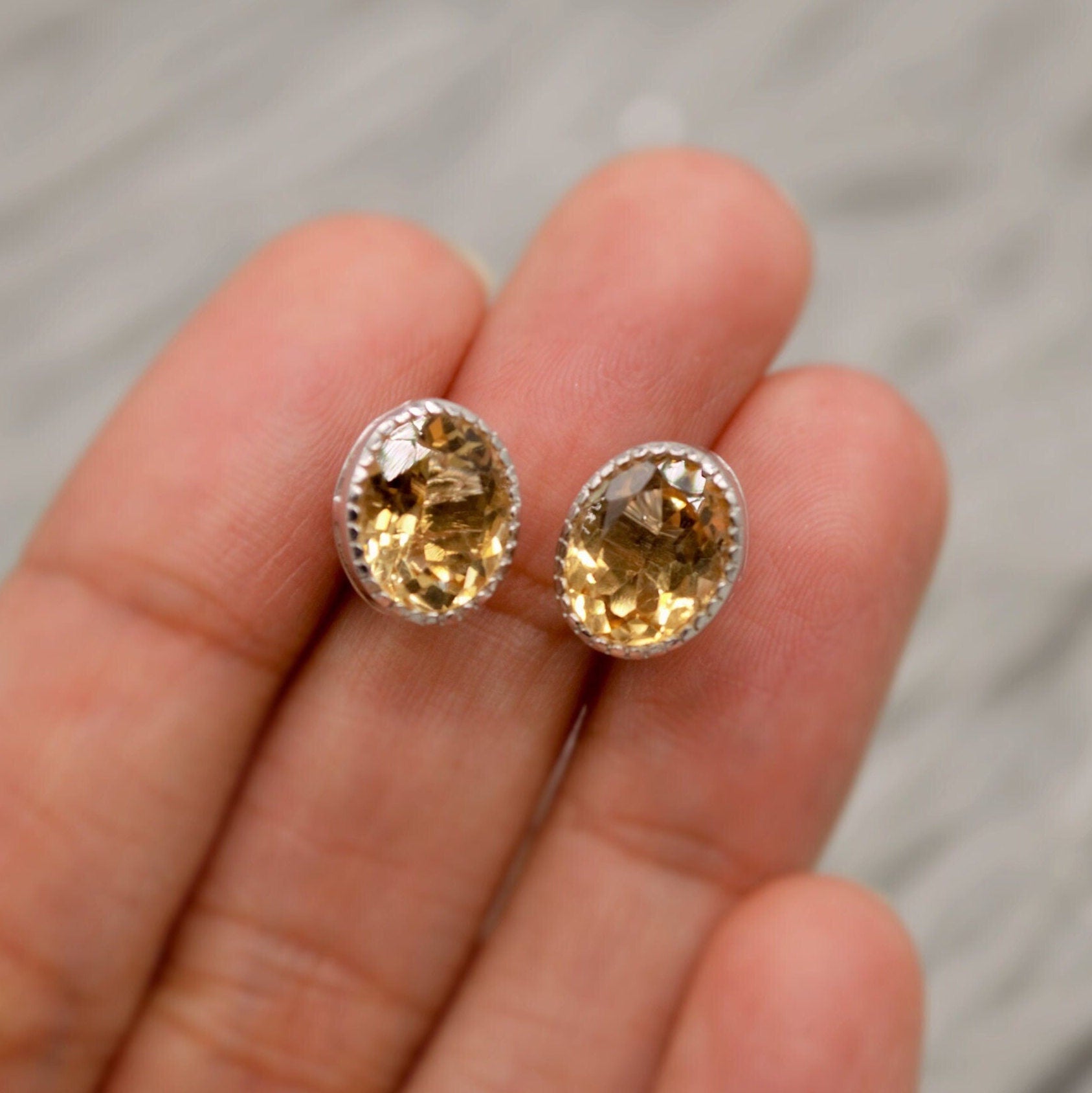 Citrine Silver Stud Earrings, Minimalist Sterling Silver Gemstone Earrings, Dainty November Birthstone Earrings, Birthday Gifts For Her