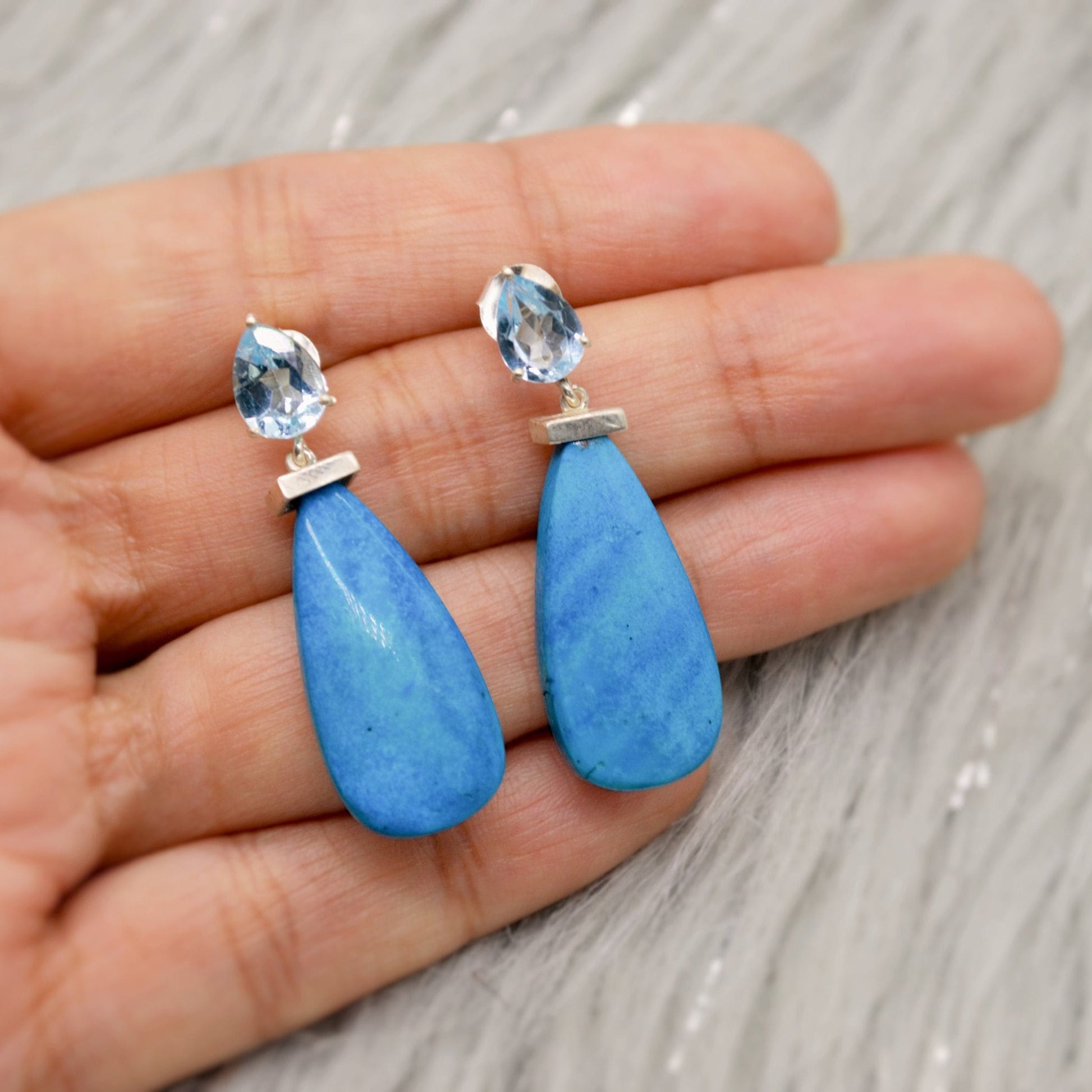Dainty Blue Topaz & Howlite Earrings, Unique December Birthstone Jewelry, Silver Dangle Drop Earrings, Handmade Gift For Her