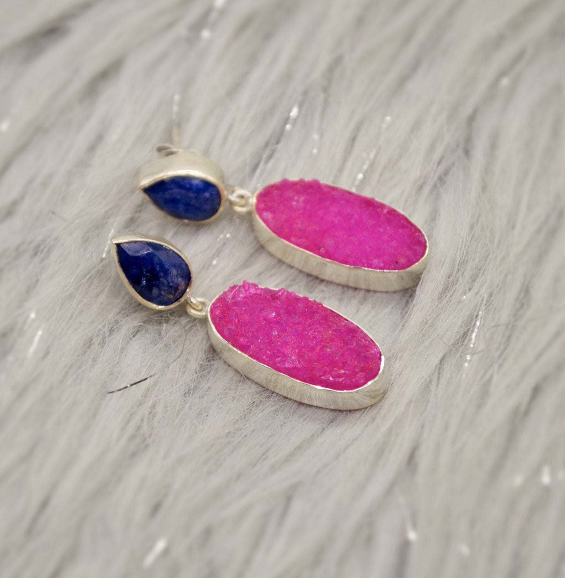 Blue Sapphire, Pink Druzy Agate Silver Earrings, September Birthstone Sapphire Earrings, Elegant Unique Boho Earrings Gift For Her